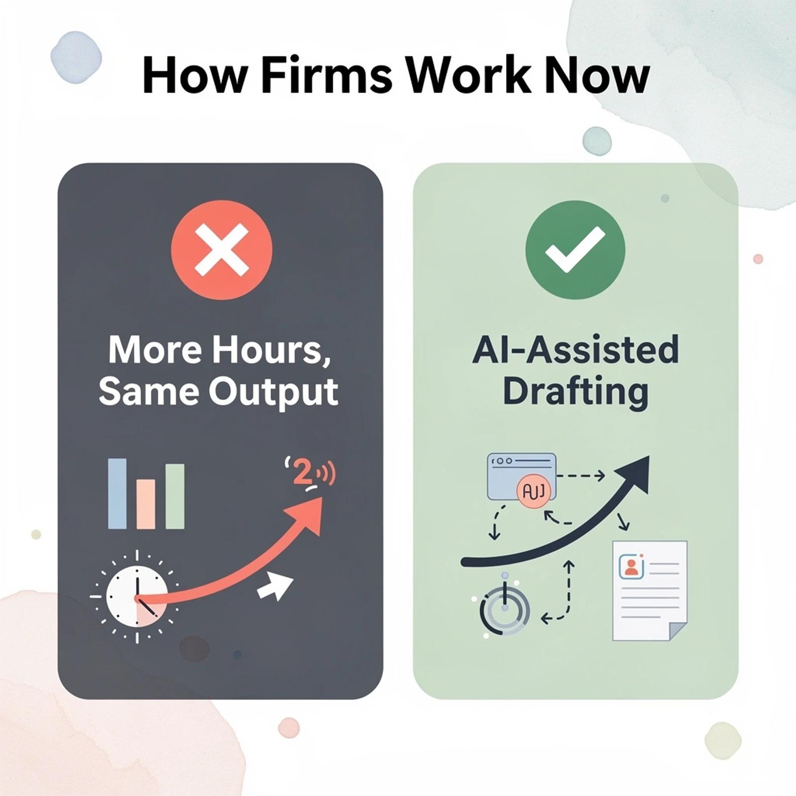 Before and after showing shift from overworked attorneys to AI-assisted legal drafting
