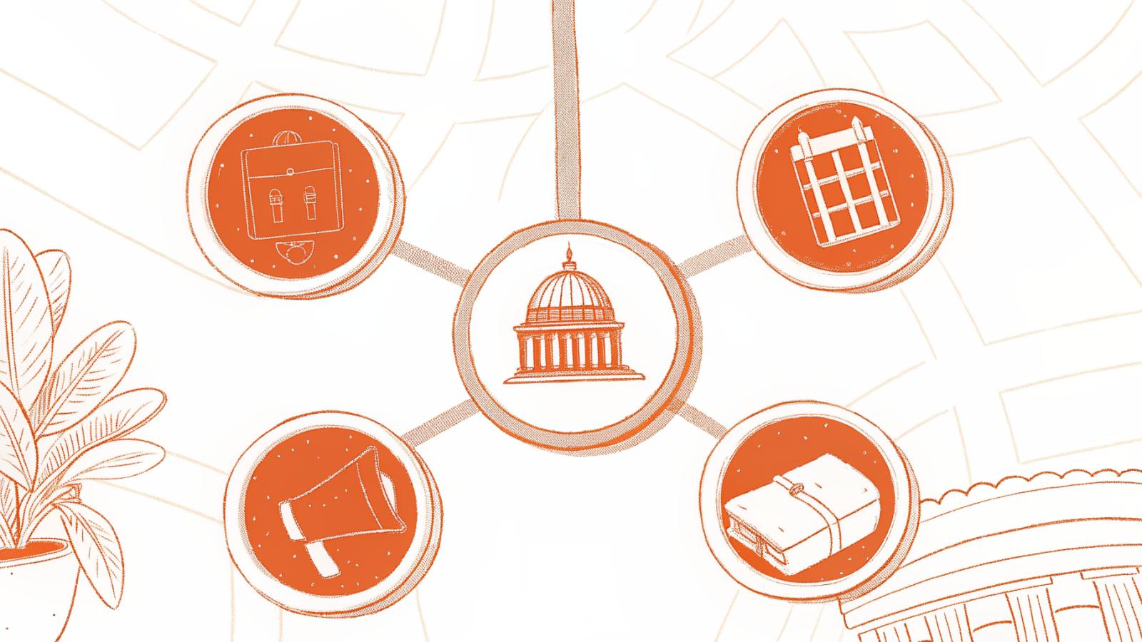 Court-level hierarchy icons radiating from a central parenthetical symbol showing jurisdictional authority tiers