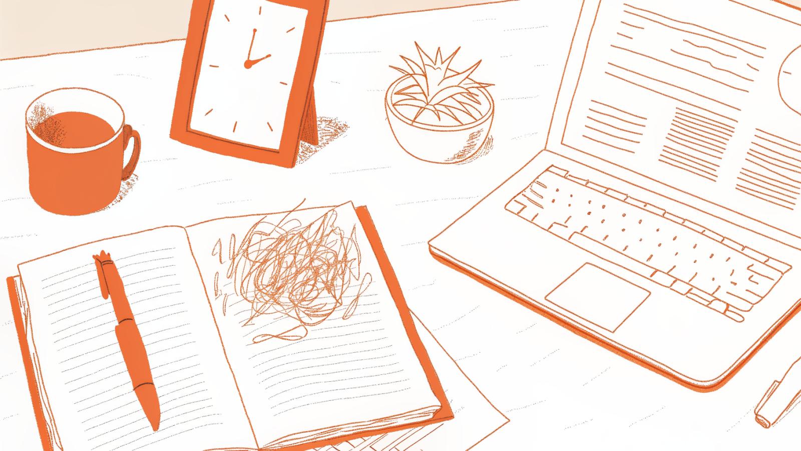 Solo attorney's cluttered desk with overflowing legal printouts, Boolean search notes, and ticking clock