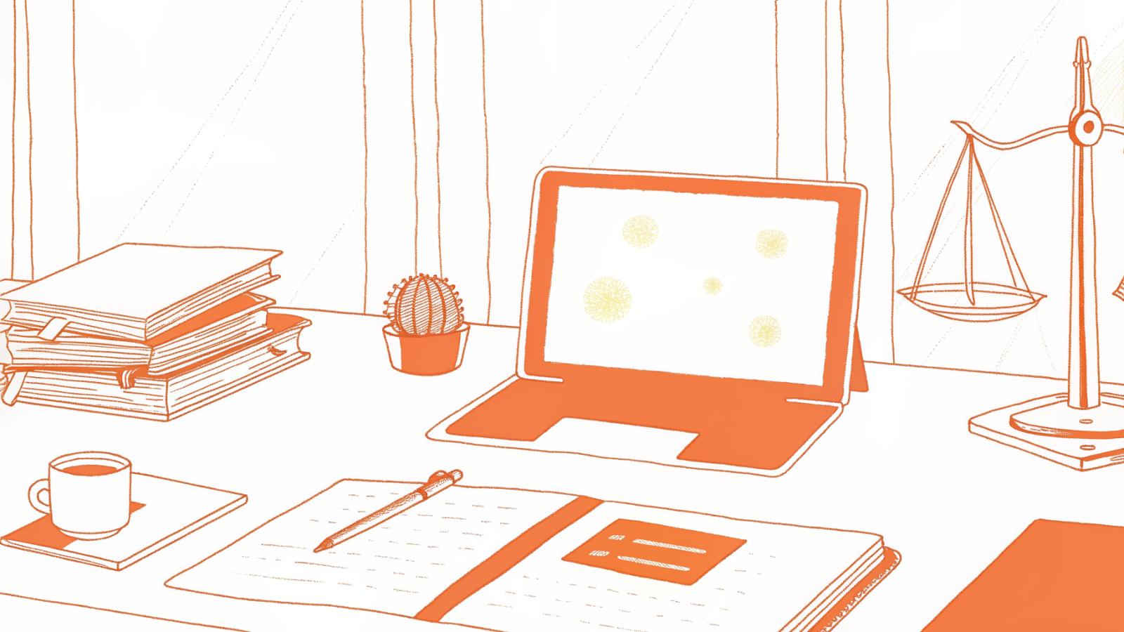 Lawyer's desk with legal casebook, abstract AI panel, scales of justice, and gavel