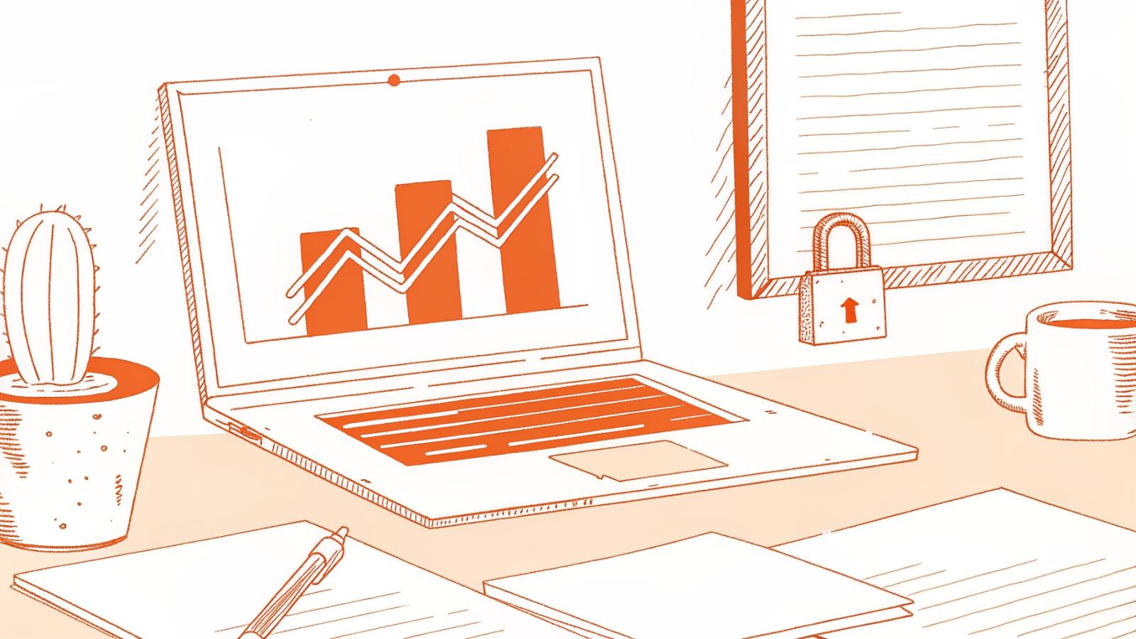 Solo lawyer's desk with locked laptop, rising cost staircase icon, and crossed-out price tag