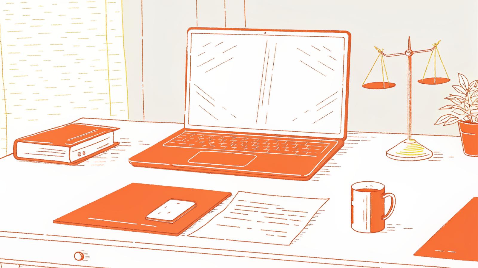 Solo attorney's desk with legal templates, abstract AI panel, and scales of justice