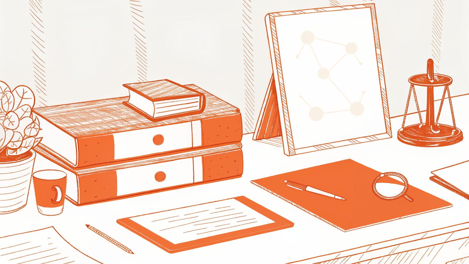 Attorney desk with legal folders, law book, abstract AI panel, and magnifying glass