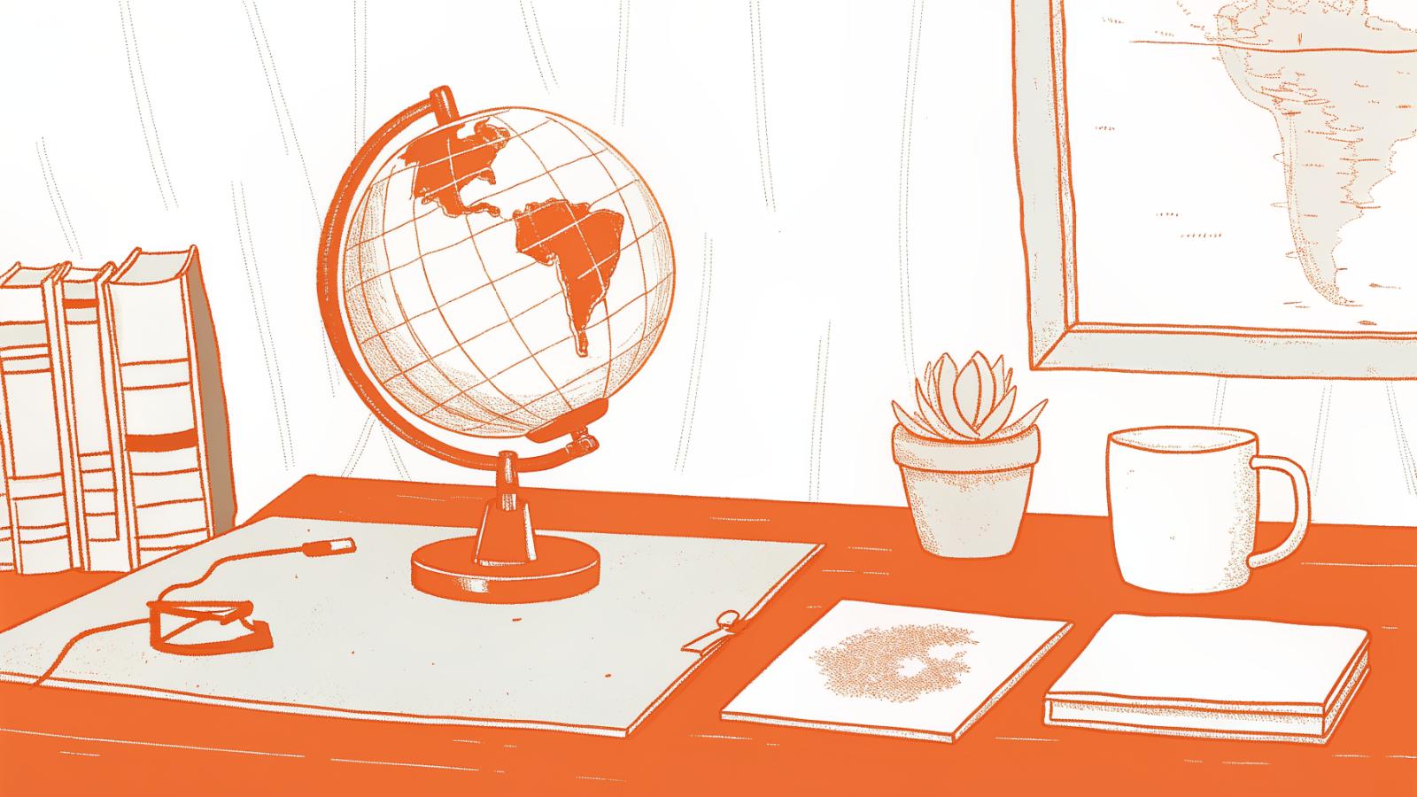 Globe with jurisdiction lines beside a magnifying glass over a U.S. state map on a legal desk
