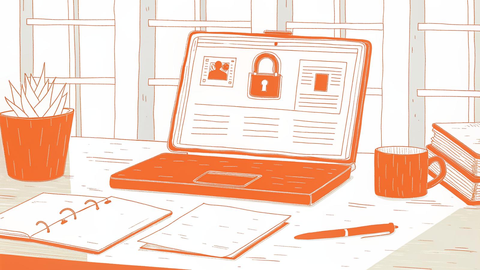 Solo attorney's desk with legacy legal database on laptop beside a heavy reference binder and padlock