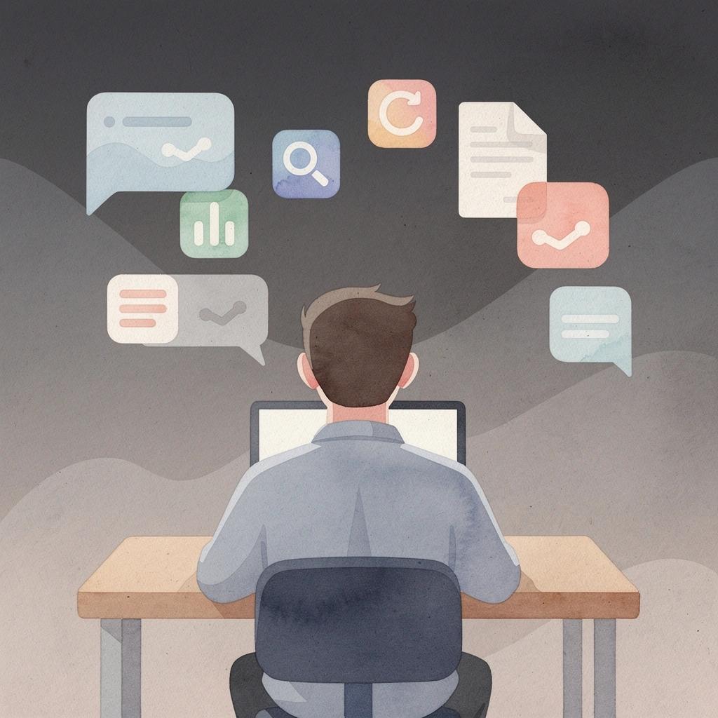 Scene of a legal professional at a desk with floating document and email interface elements