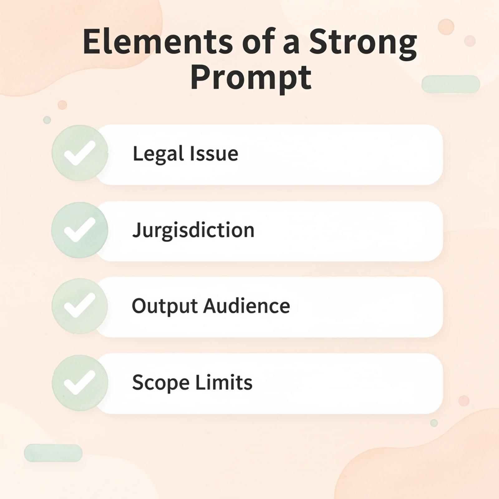 Checklist infographic showing five essential elements of a well-written legal AI prompt