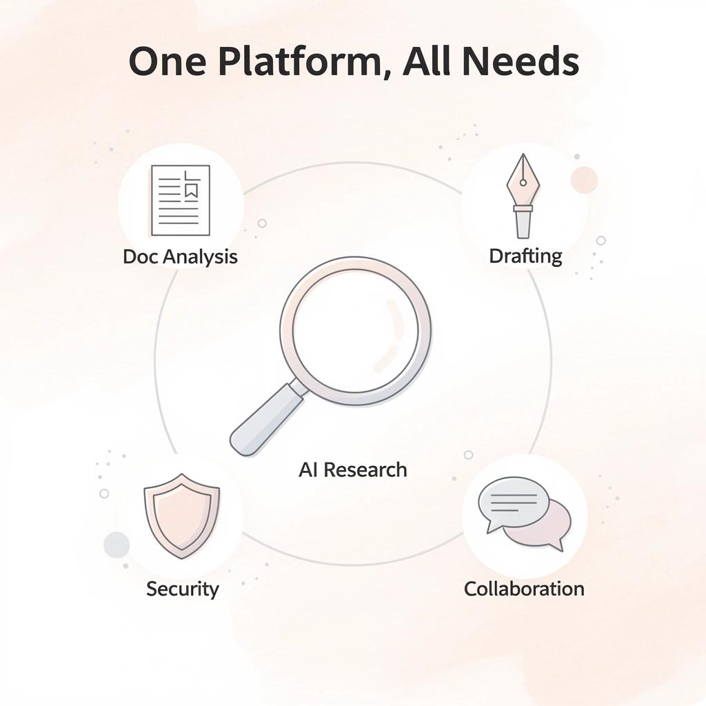 Hub and spoke diagram showing a central legal platform connected to AI research, document analysis, drafting, collaboration, and security
