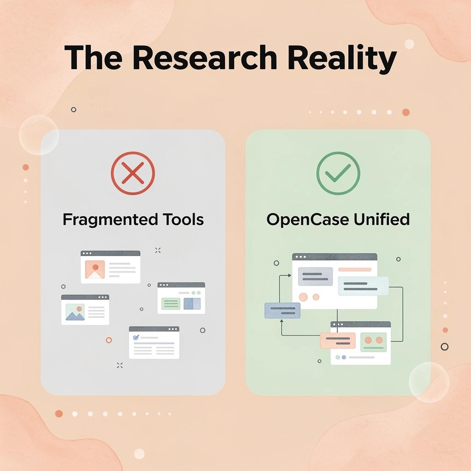 Before and after showing fragmented AI tools versus OpenCase unified platform