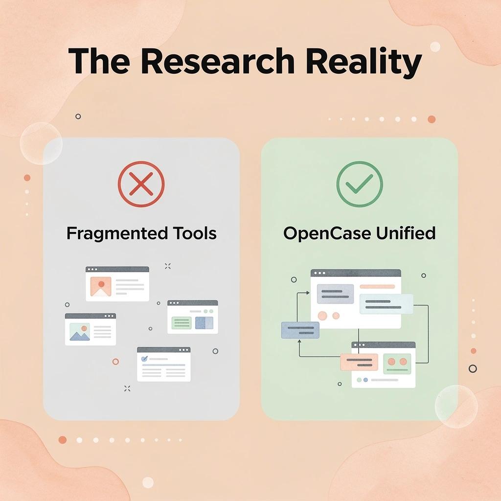 Before and after showing fragmented AI tools versus OpenCase unified platform