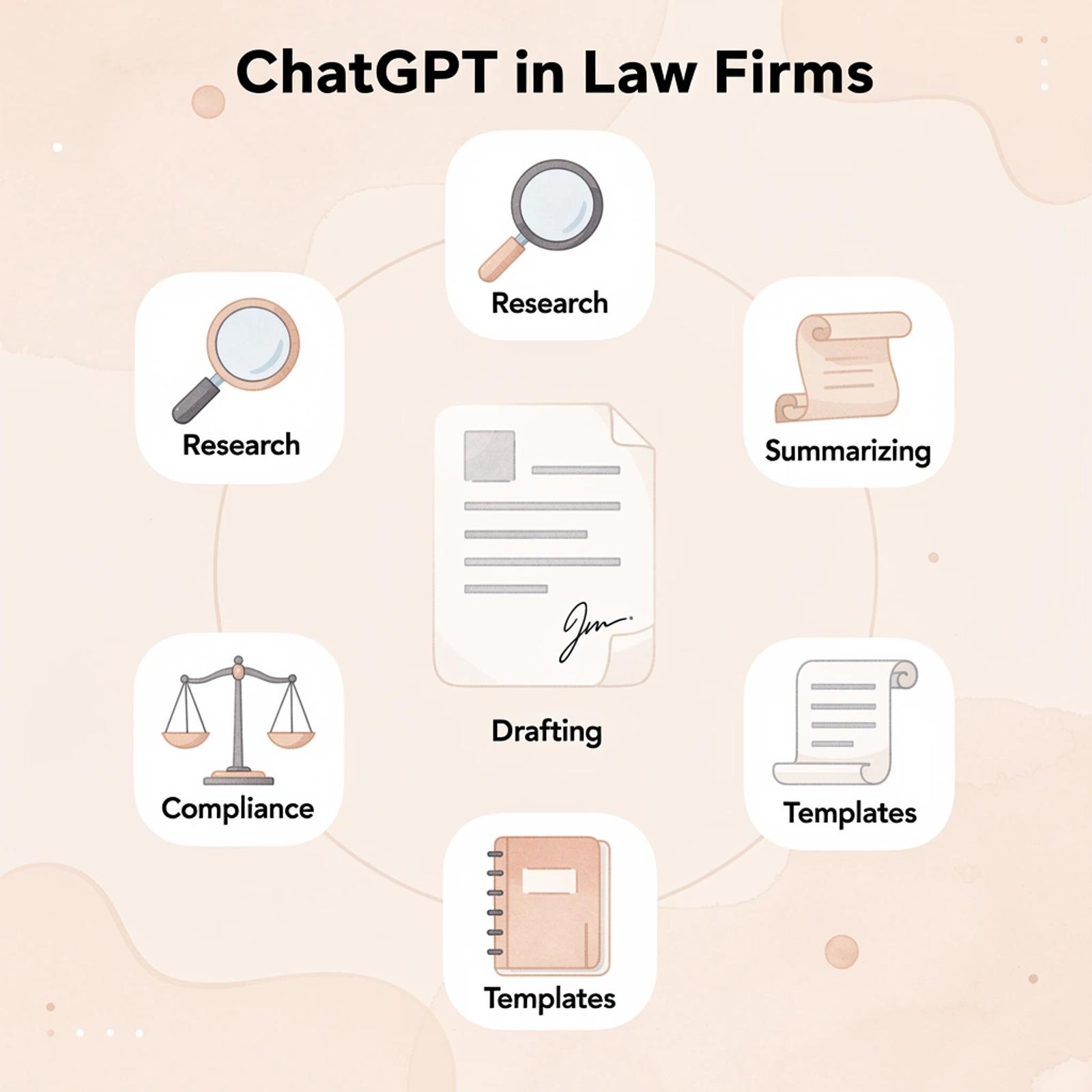 Hub and spoke infographic showing ChatGPT use cases in law firms