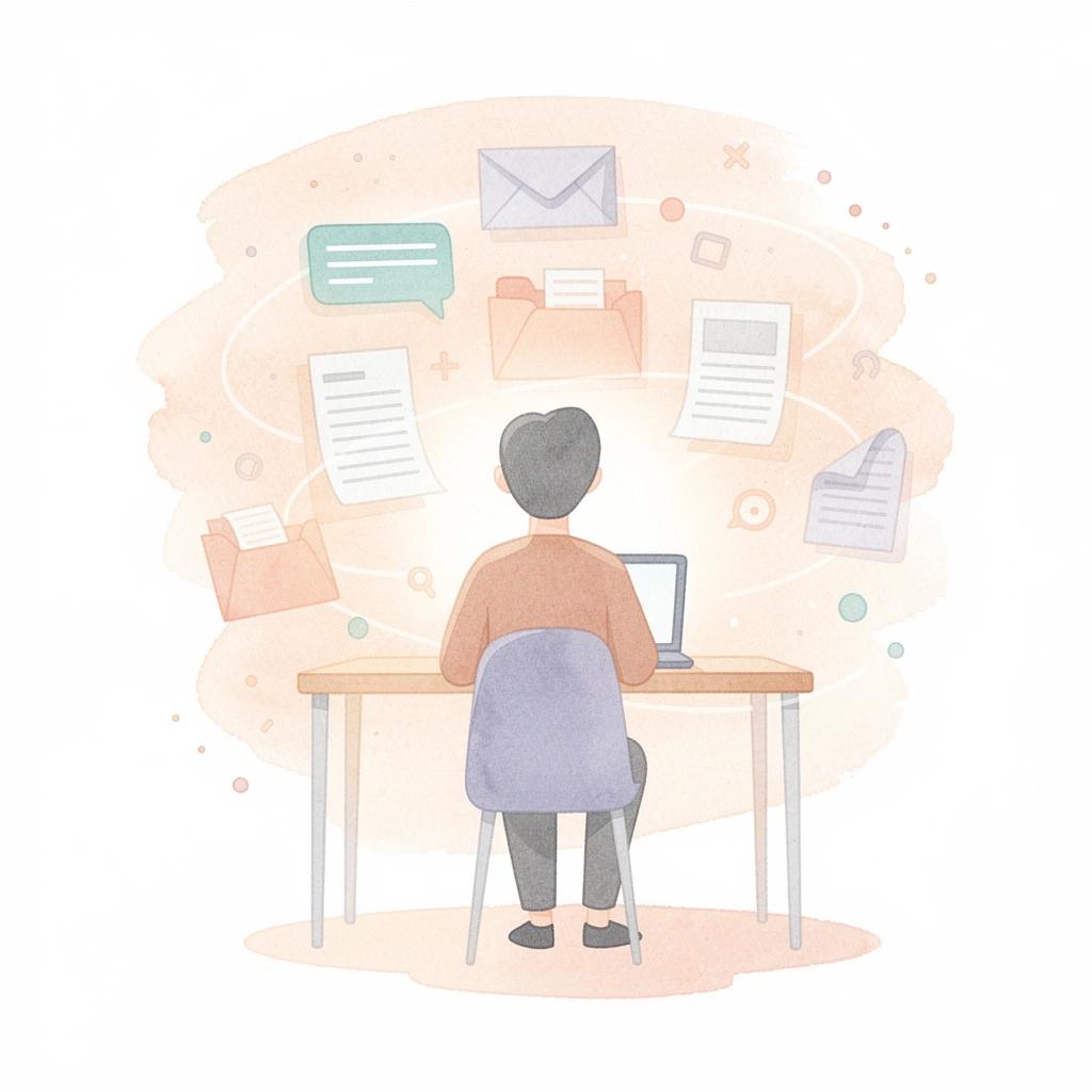 Scene of a lawyer at a desk with floating AI interface elements representing modern legal workflows