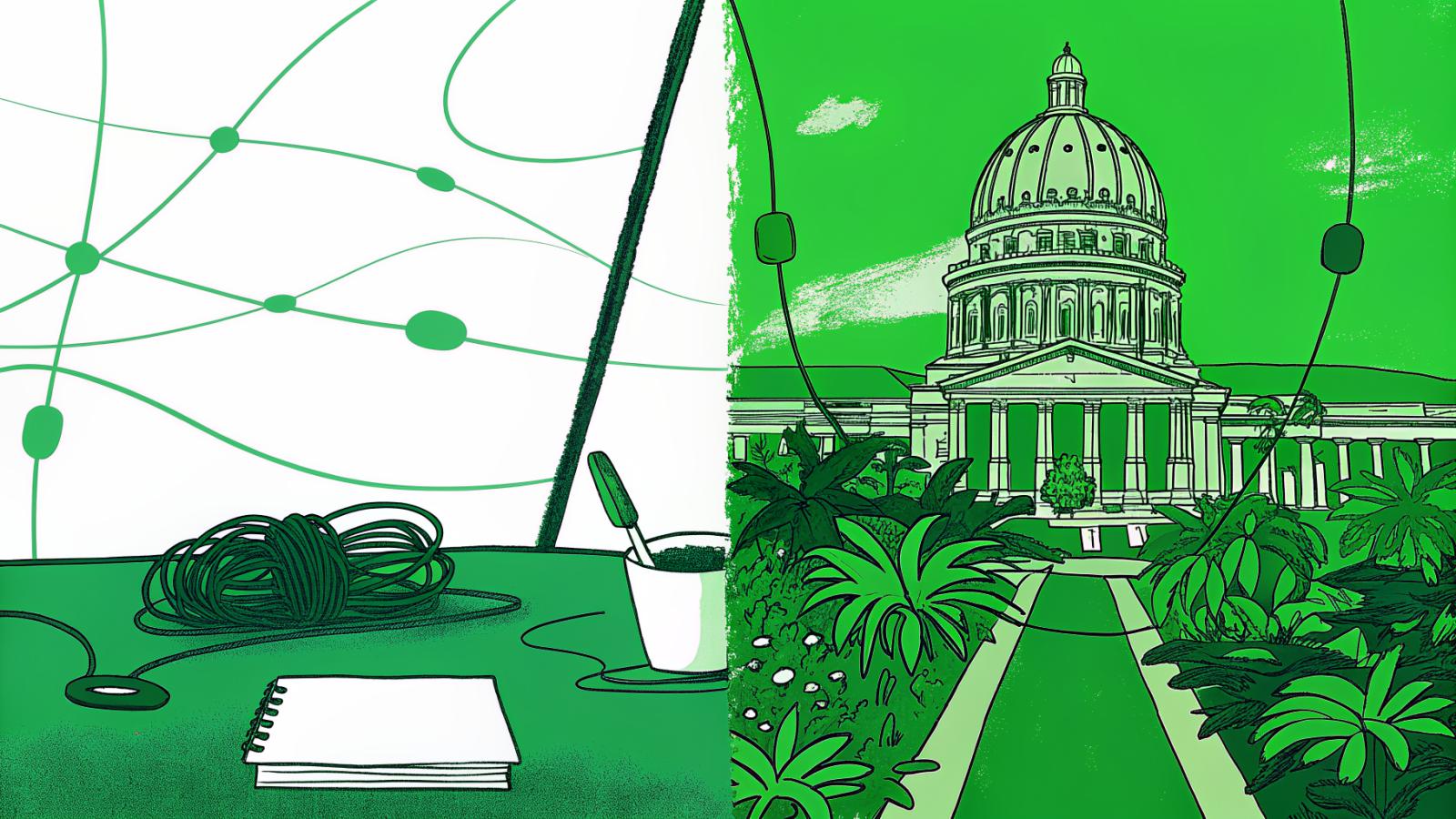 Solo attorney's notepad at a fork between federal and state jurisdiction research paths