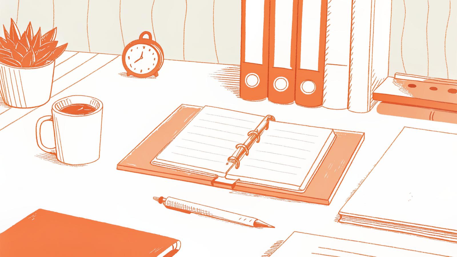 Small law firm desk with budget ledger, legal folders, gavel, and abstract glowing panel
