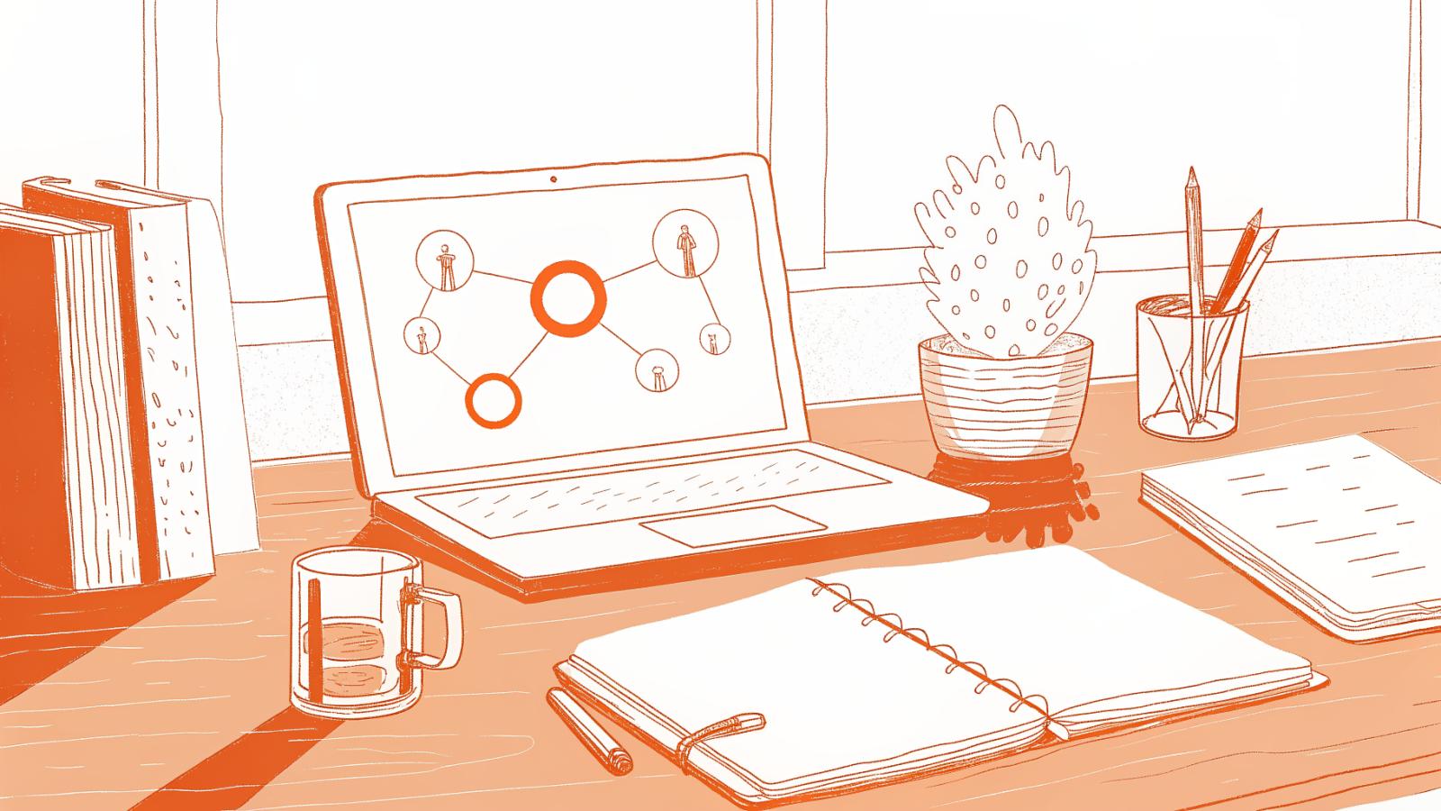 Law firm managing partner's desk with legal notepad, workflow sketch, and abstract AI research panel