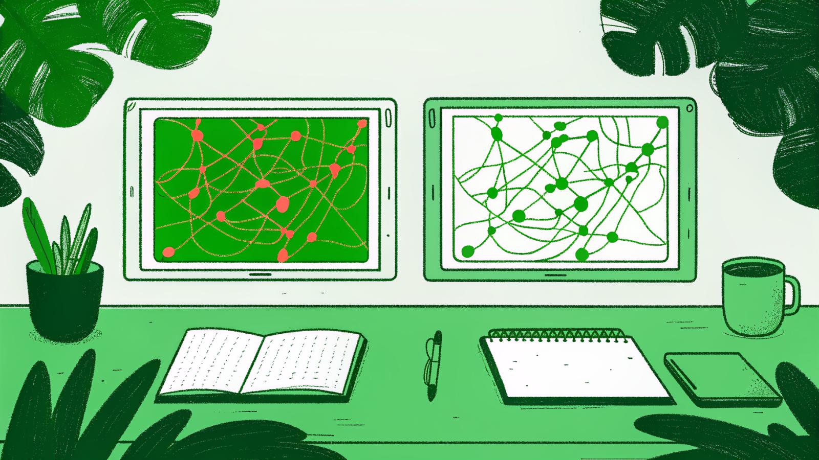 AI semantic search connecting legal case nodes versus fragmented keyword results on glowing panels