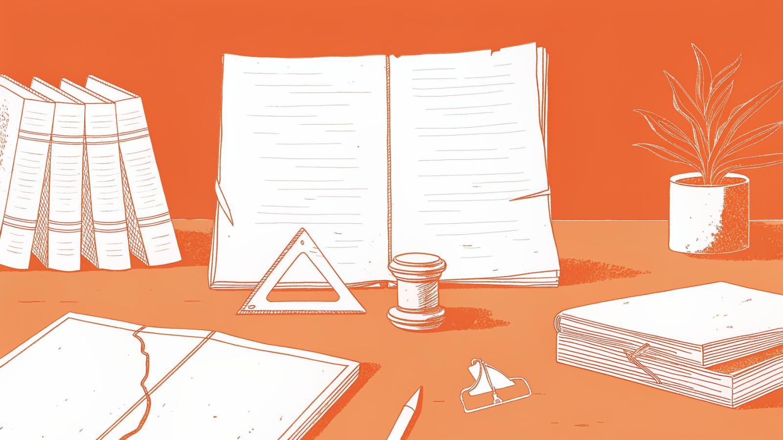 Crumbling legal document under red spotlight beside gavel, warning icon, and law binders