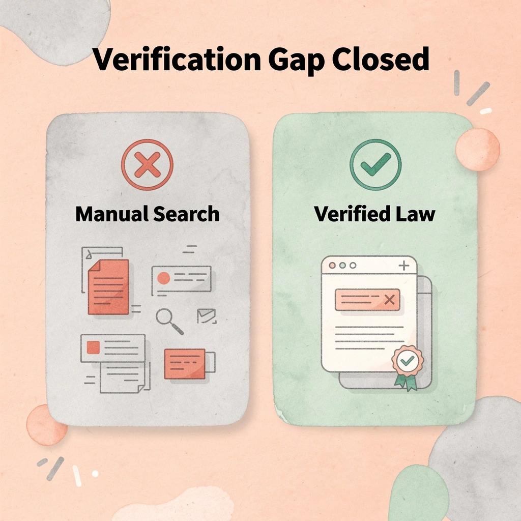 Before and after infographic showing the shift from manual citation searching to verified law