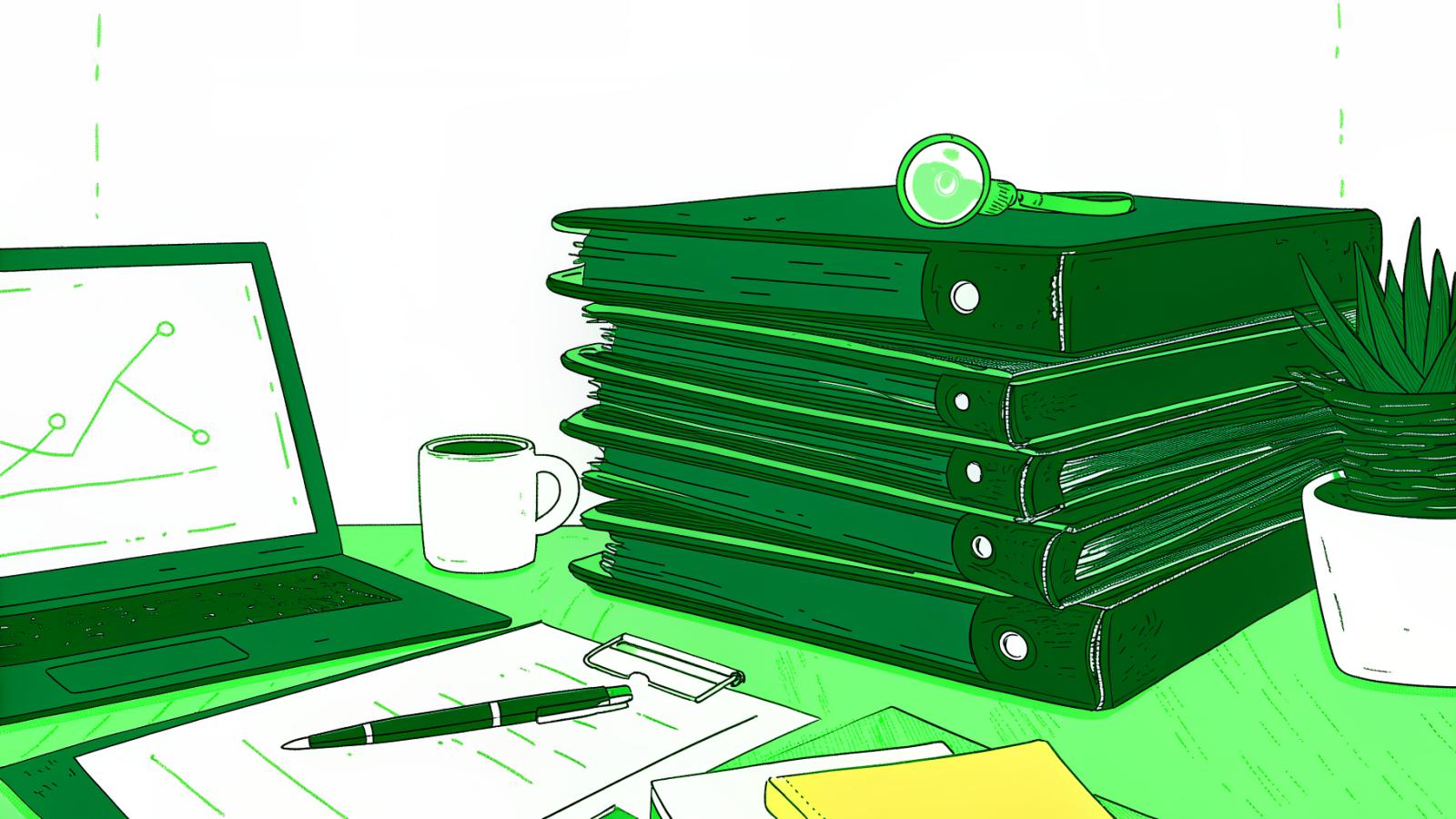 Solo lawyer's desk with legal documents, magnifying glass, and abstract AI glowing panel