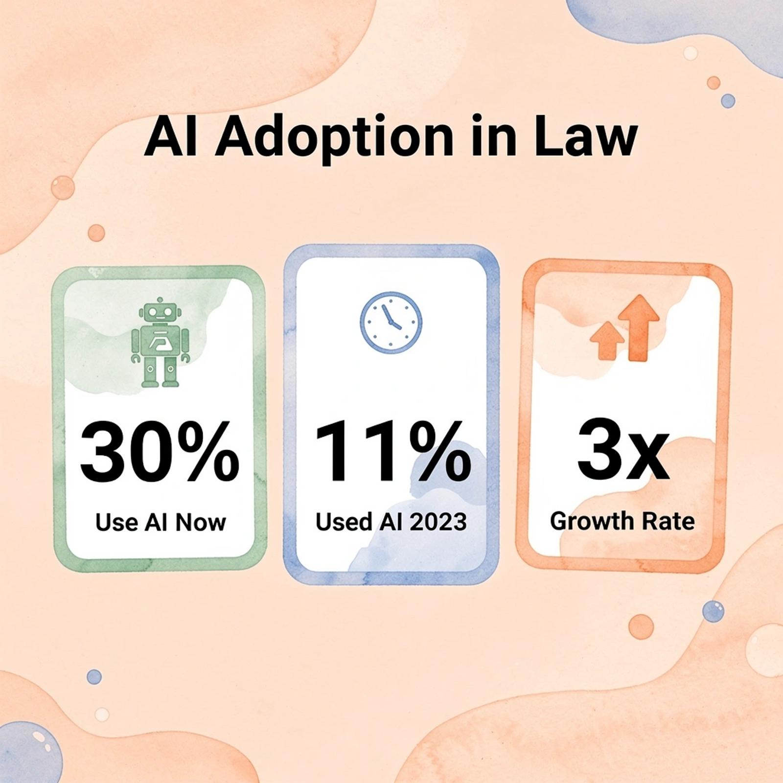 Infographic showing AI adoption statistics among lawyers: 30% now vs 11% in 2023, a threefold increase