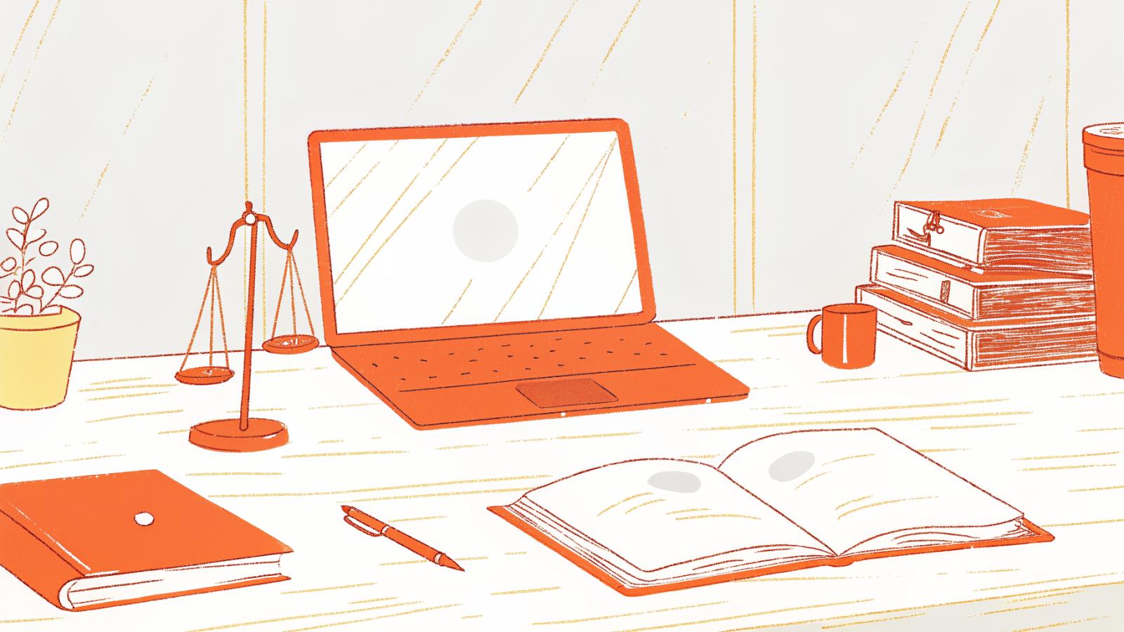 Small law firm desk with law book, AI glow panel, scales of justice, and legal folders