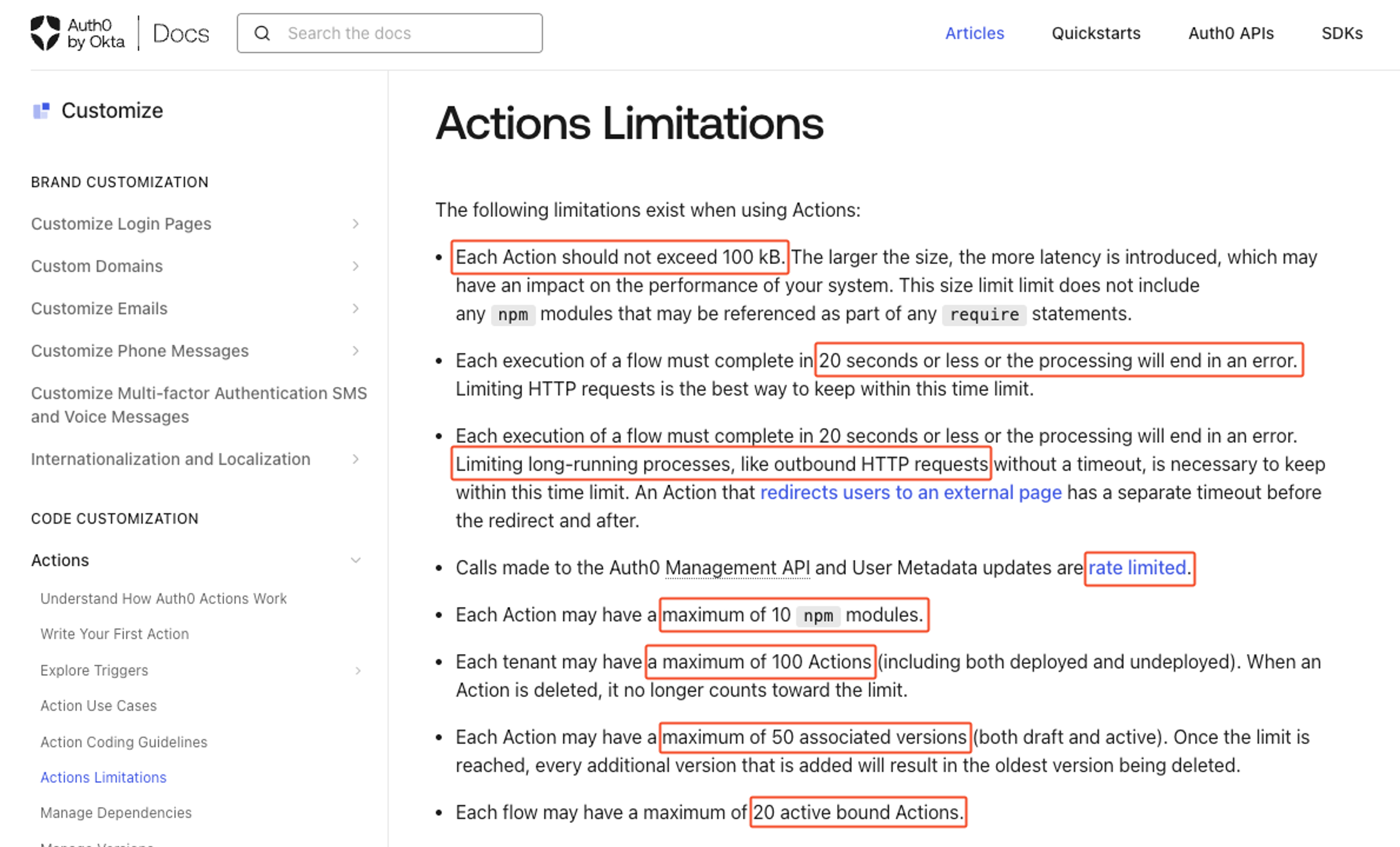 Limitations of Auth0 actions