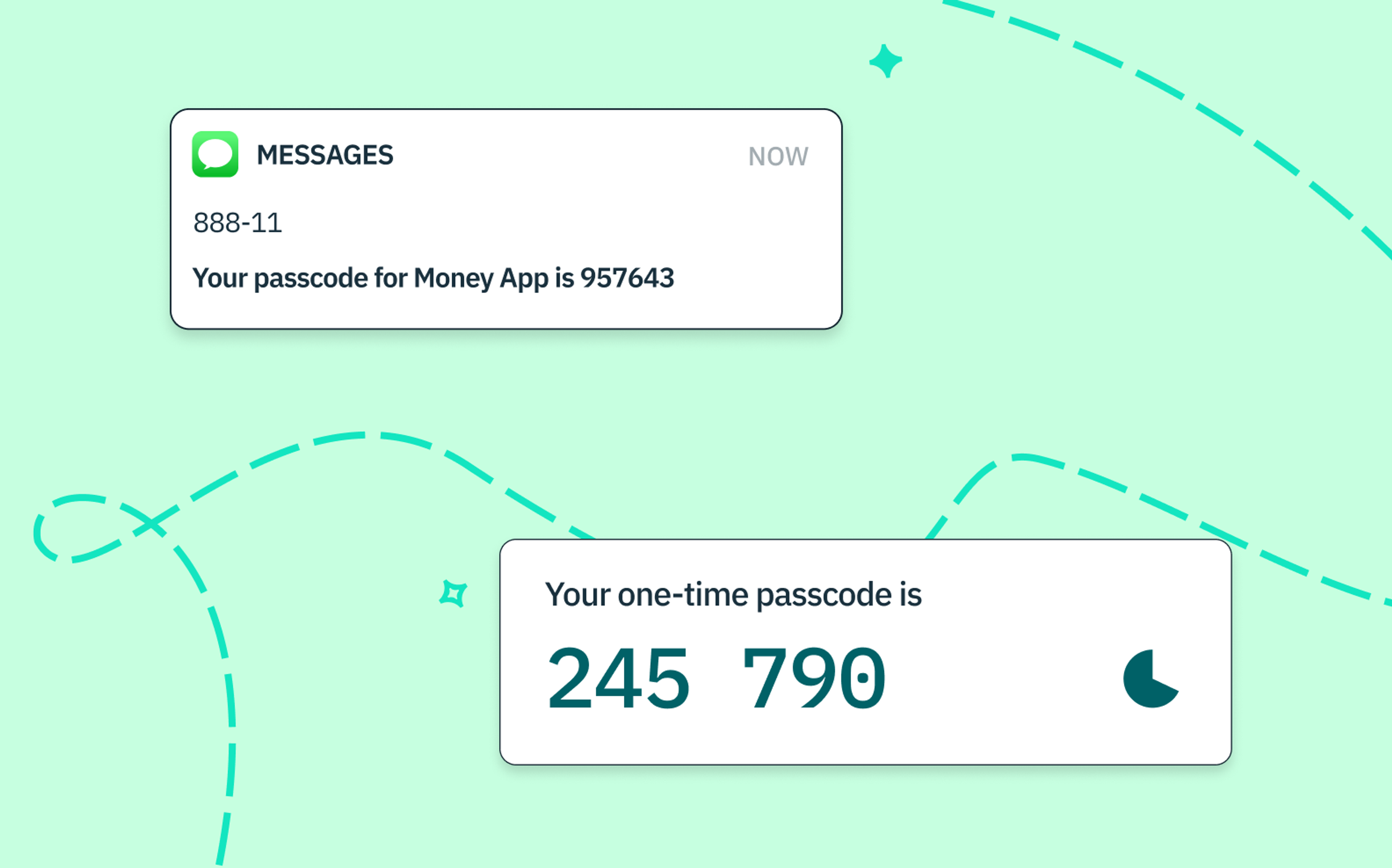 Two screen shots – one of an SMS OTP on an iPhone and the other of a TOTP code on an authenticator app. The two float on a mint green background