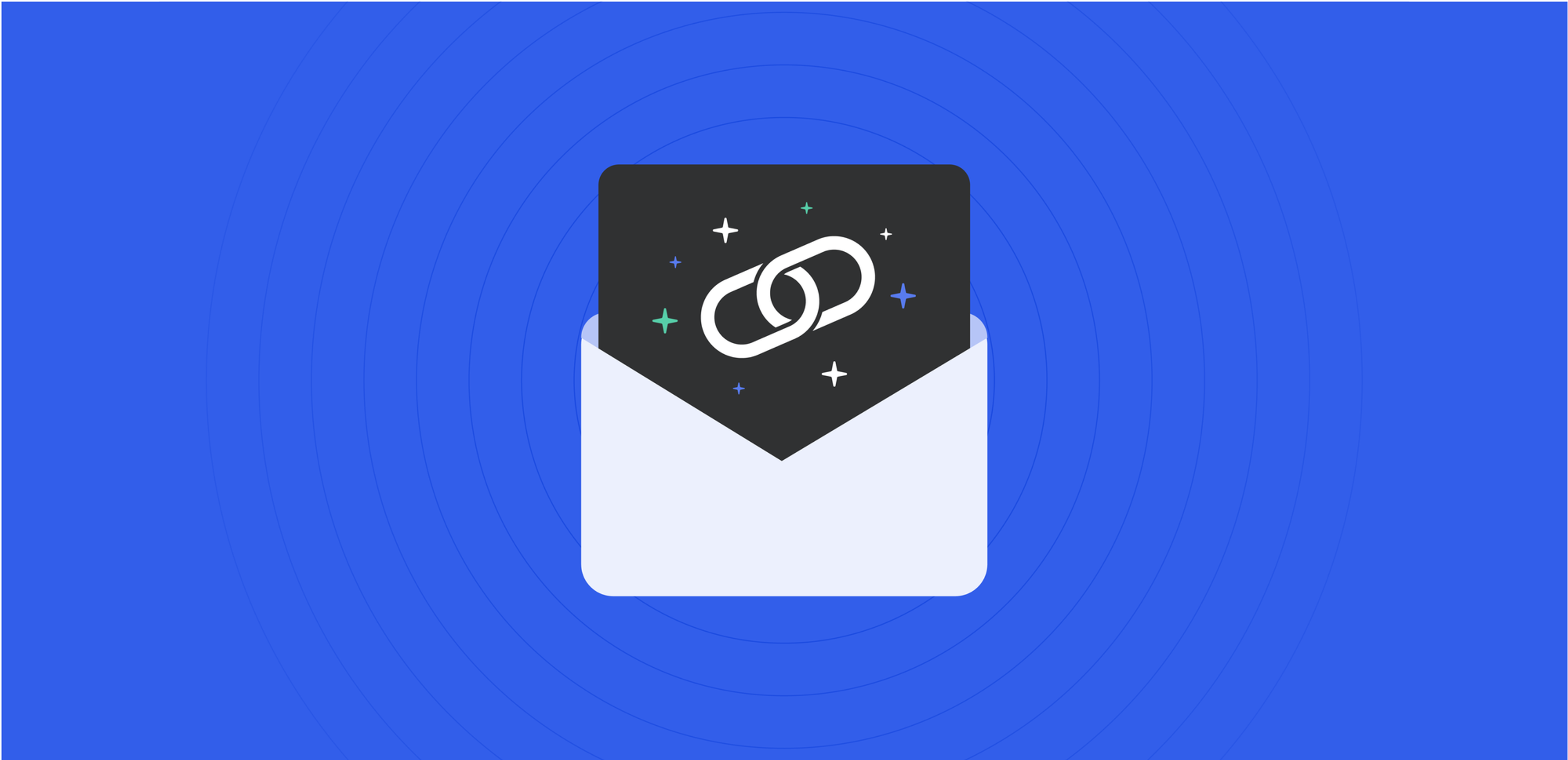 An illustration of an open envelope revealing a card with a glitteringn link on it – an email *magic* link