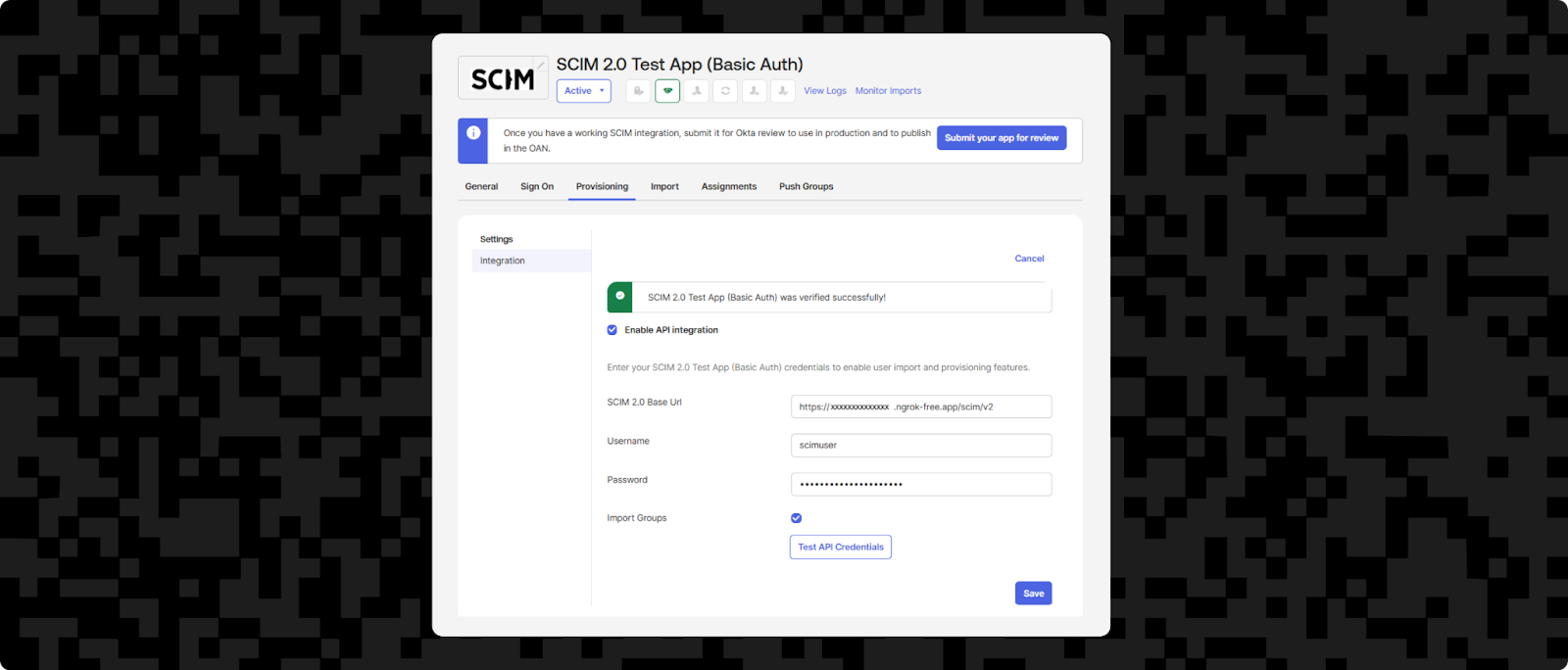 Screenshot showing some SCIM API credentials being successfully verified in the Okta Admin panel