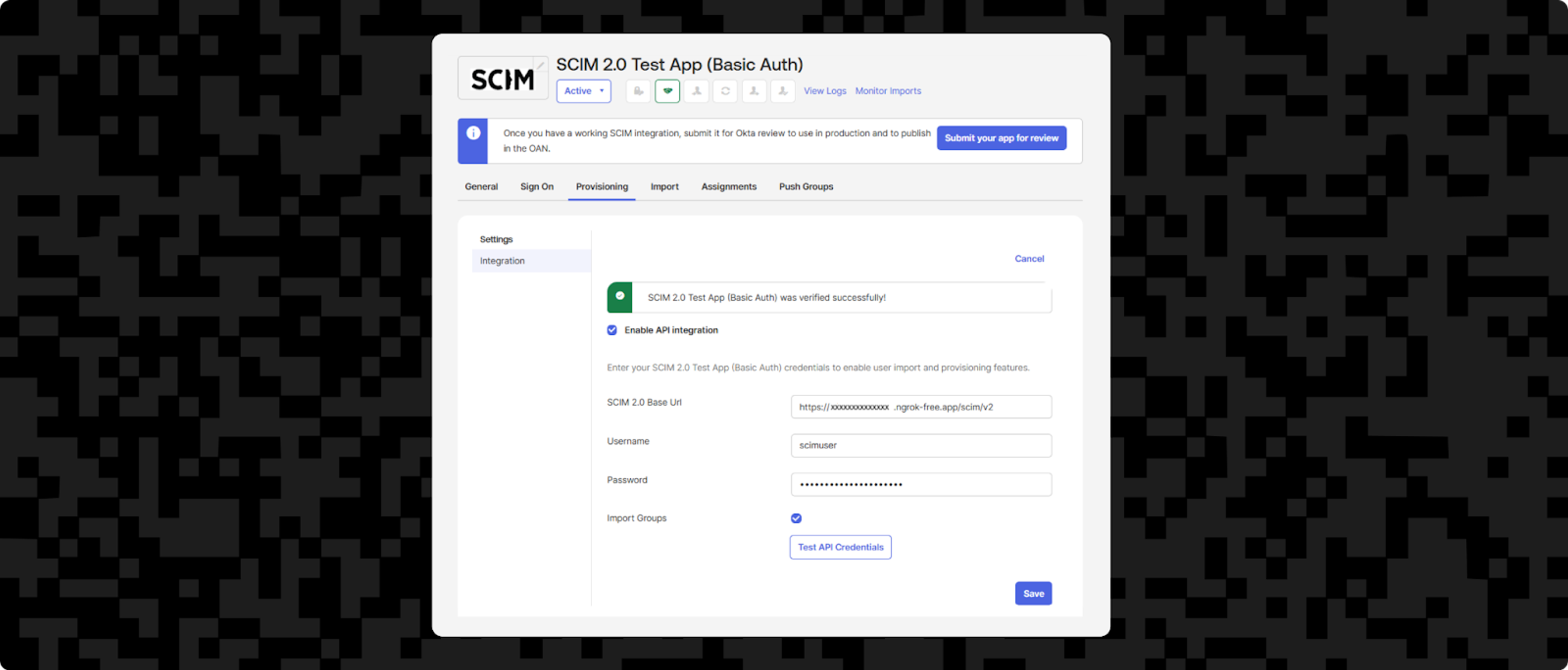 Screenshot showing some SCIM API credentials being successfully verified in the Okta Admin panel