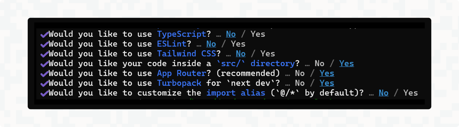 Default options being chosen when creating a Next.js project