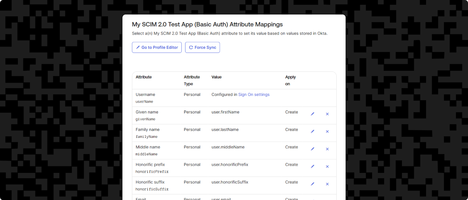 Screenshot of Okta Admin panel showing Okta to SCIM 2.0 attribute mappings