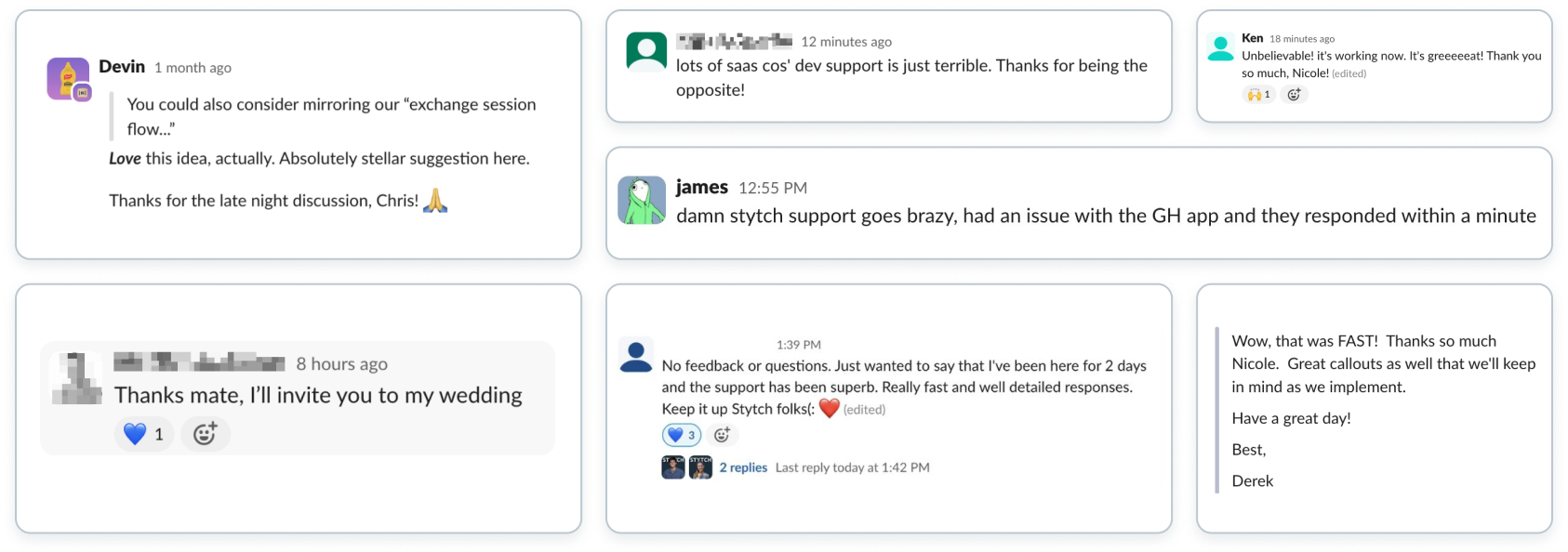 Customer testimonials of Stytch customer support.