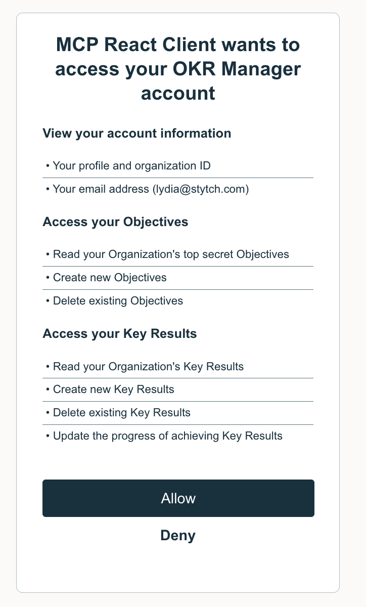 An MCP client OAuth consent screen