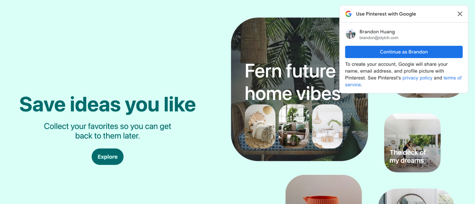 A screenshot showing how Pinterest uses Google One Tap as a floating modal that follows the user
