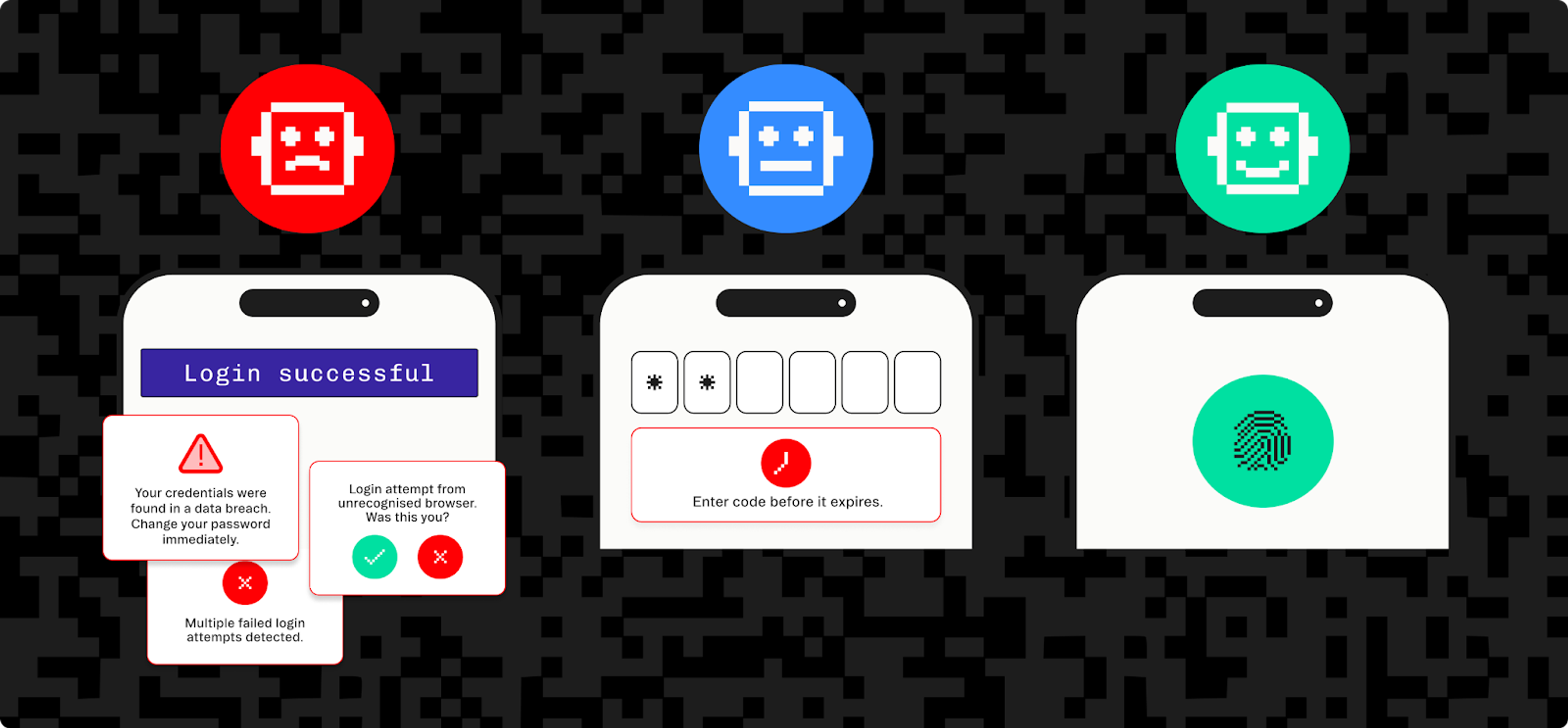 Image showing how login methods have evolved: from passwords, to OTPs, to passkeys with biometrics