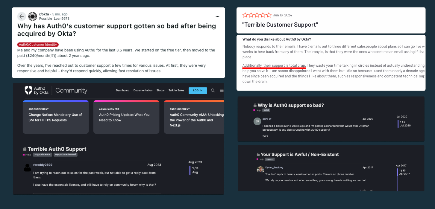 Developers commenting on Auth0 customer support