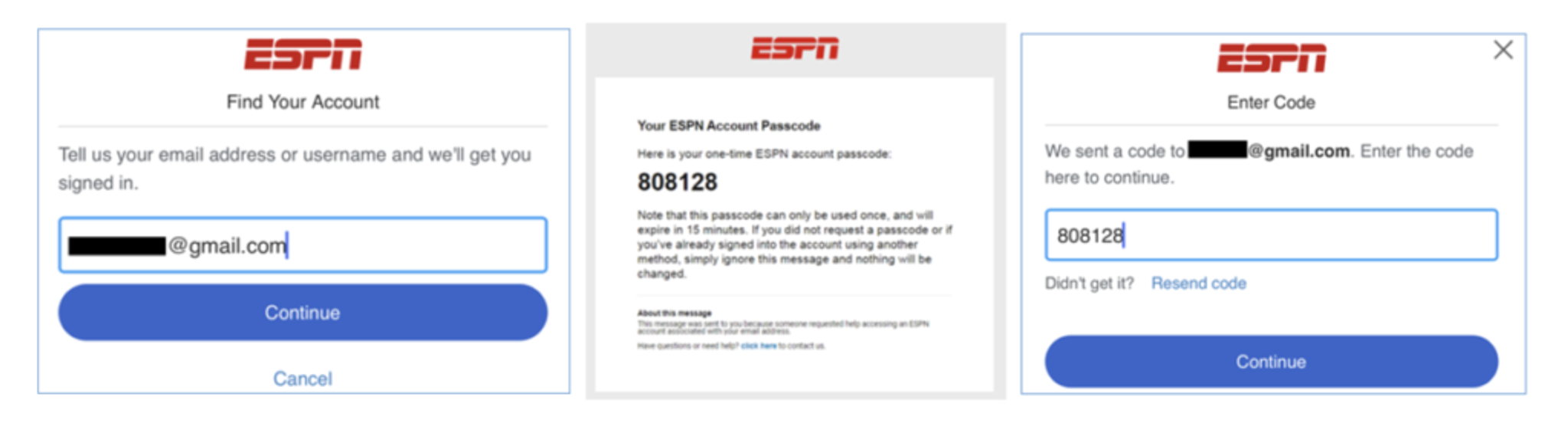 A screenshot of an ESPN email OTP login flow