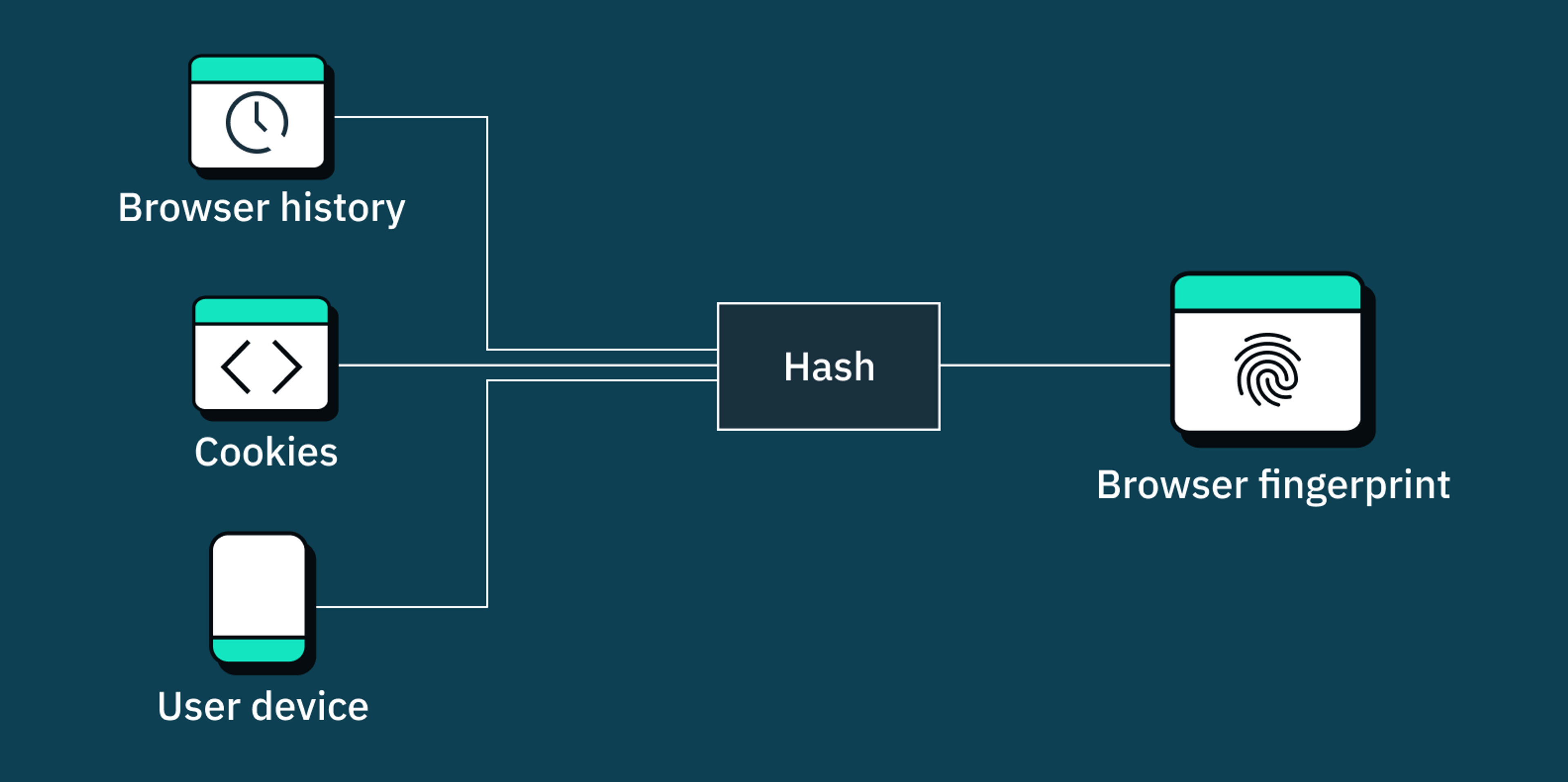 A diagram of how fingerprint data is collected, hashed, and turned into a fingerprint