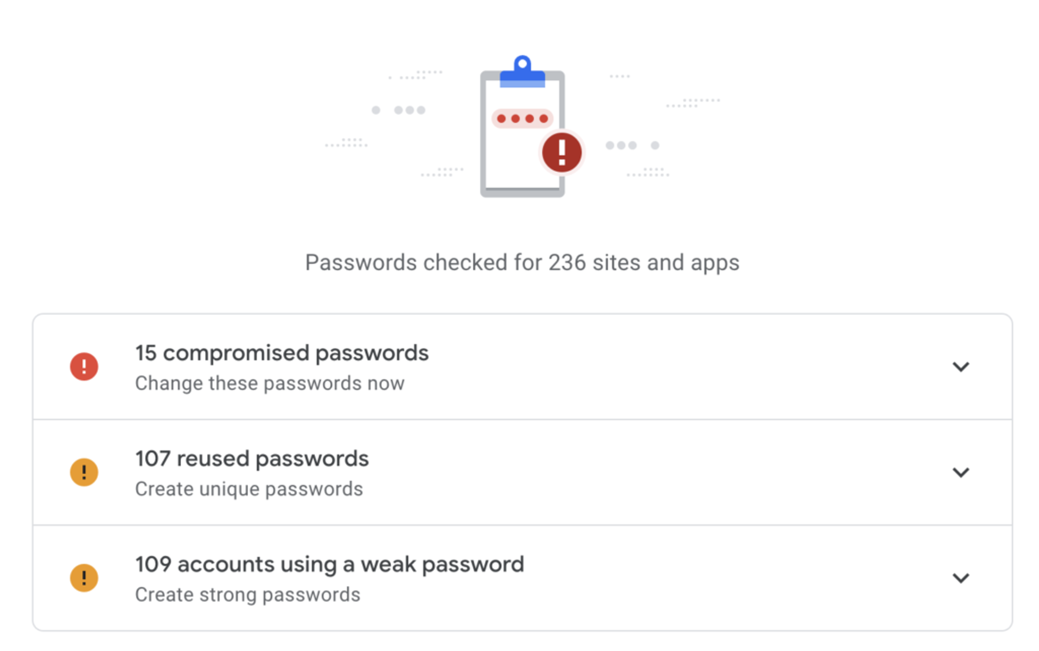 A screenshot of Google's password checkup feature