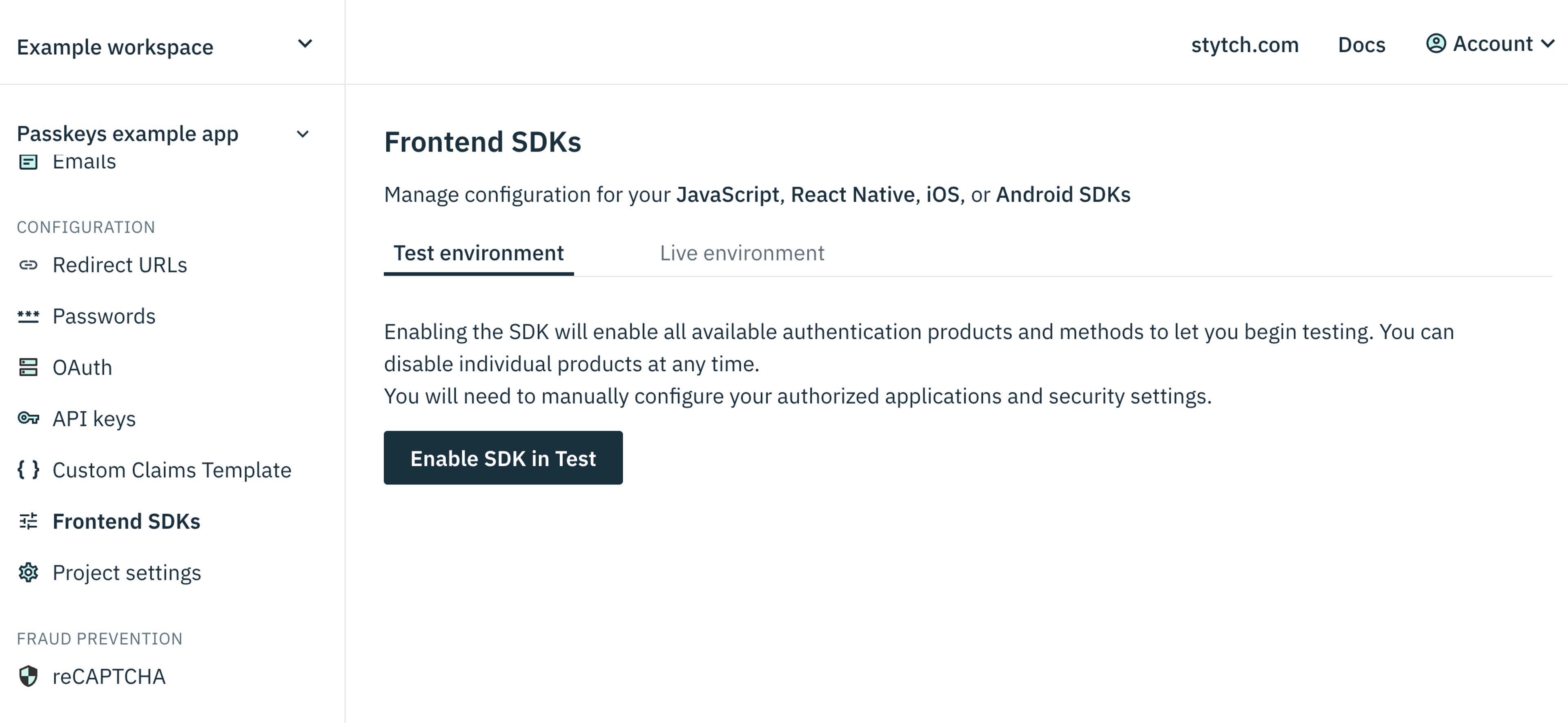 Enable SDK in Stytch Dashboard