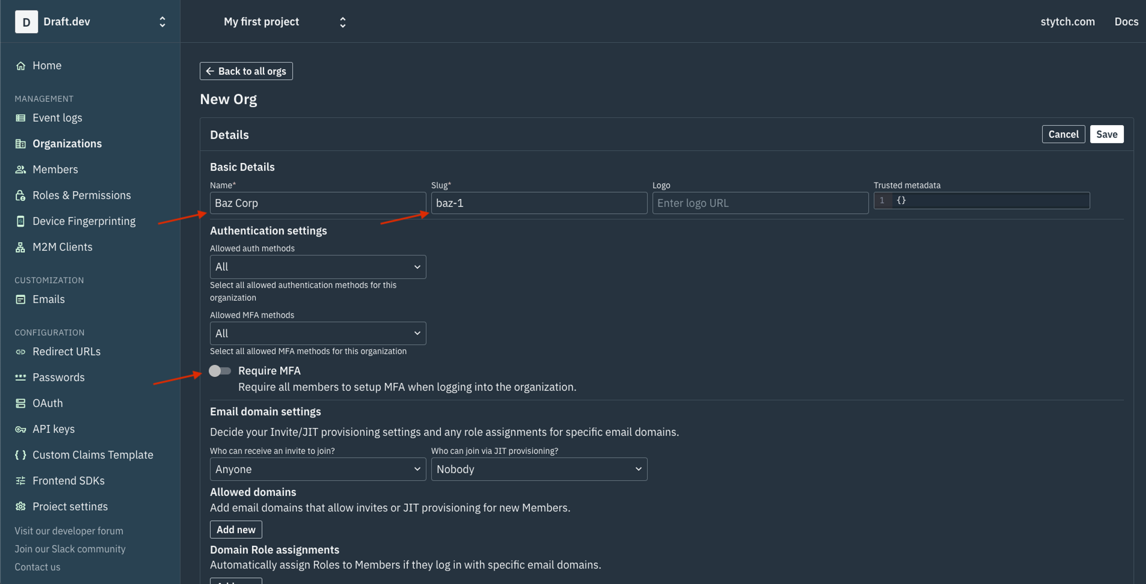 Create organization in Stytch Dashboard