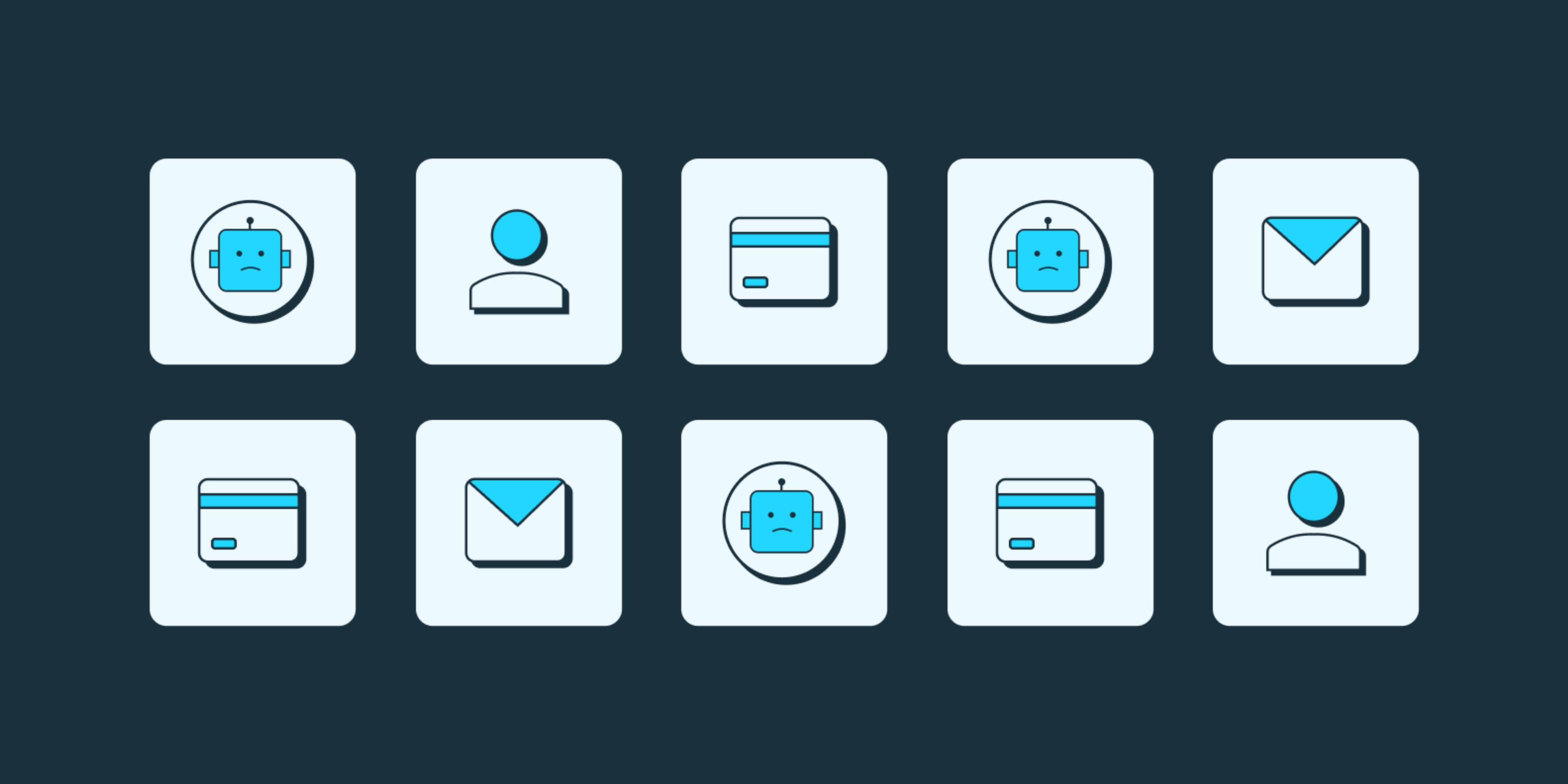 An array of different icons portraying email, a user window, users, and malicious bots