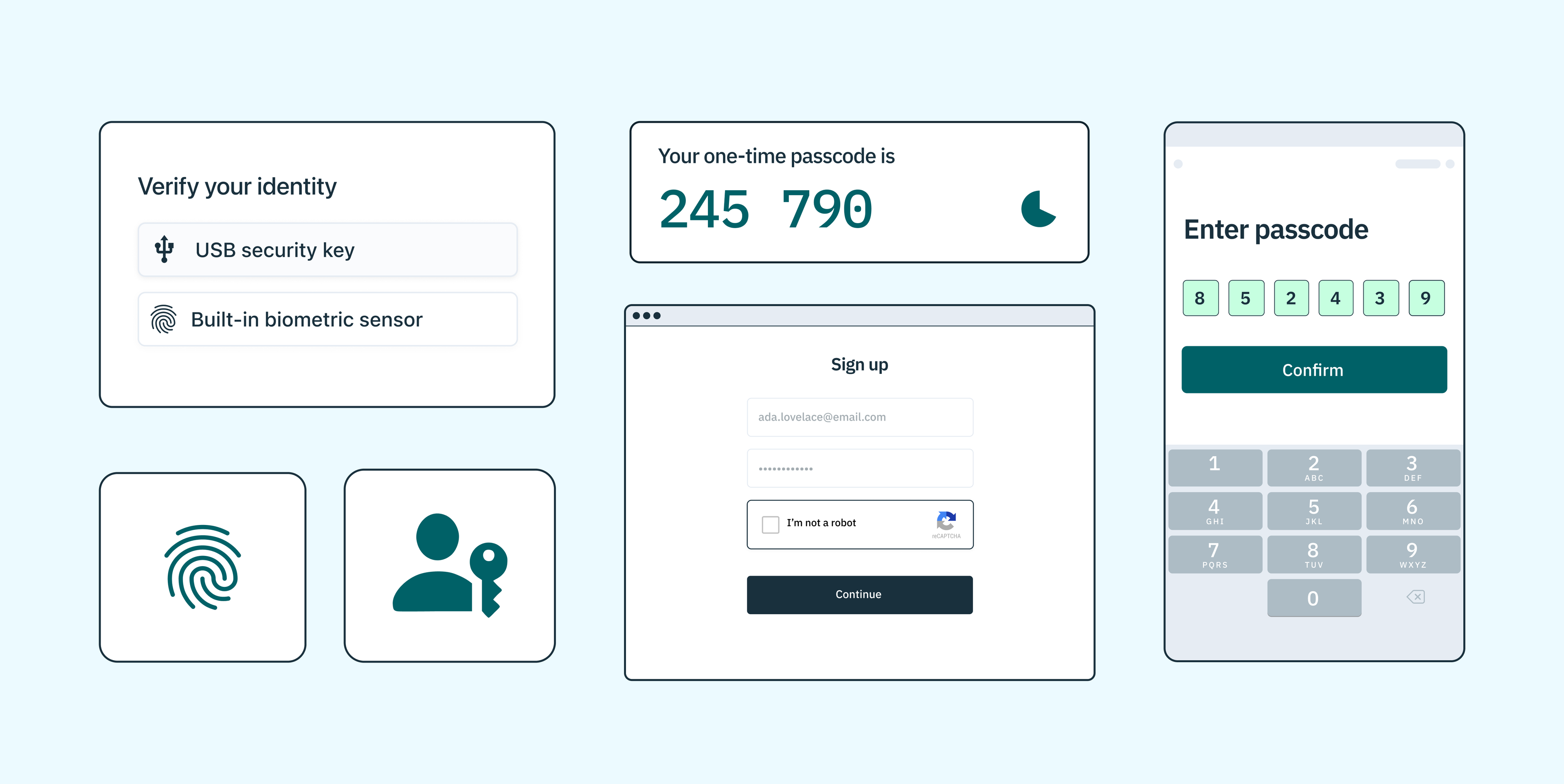 An array of different authentication methods: WebAuthn, biometrics, Passkeys, TOTPs, password, and OTP