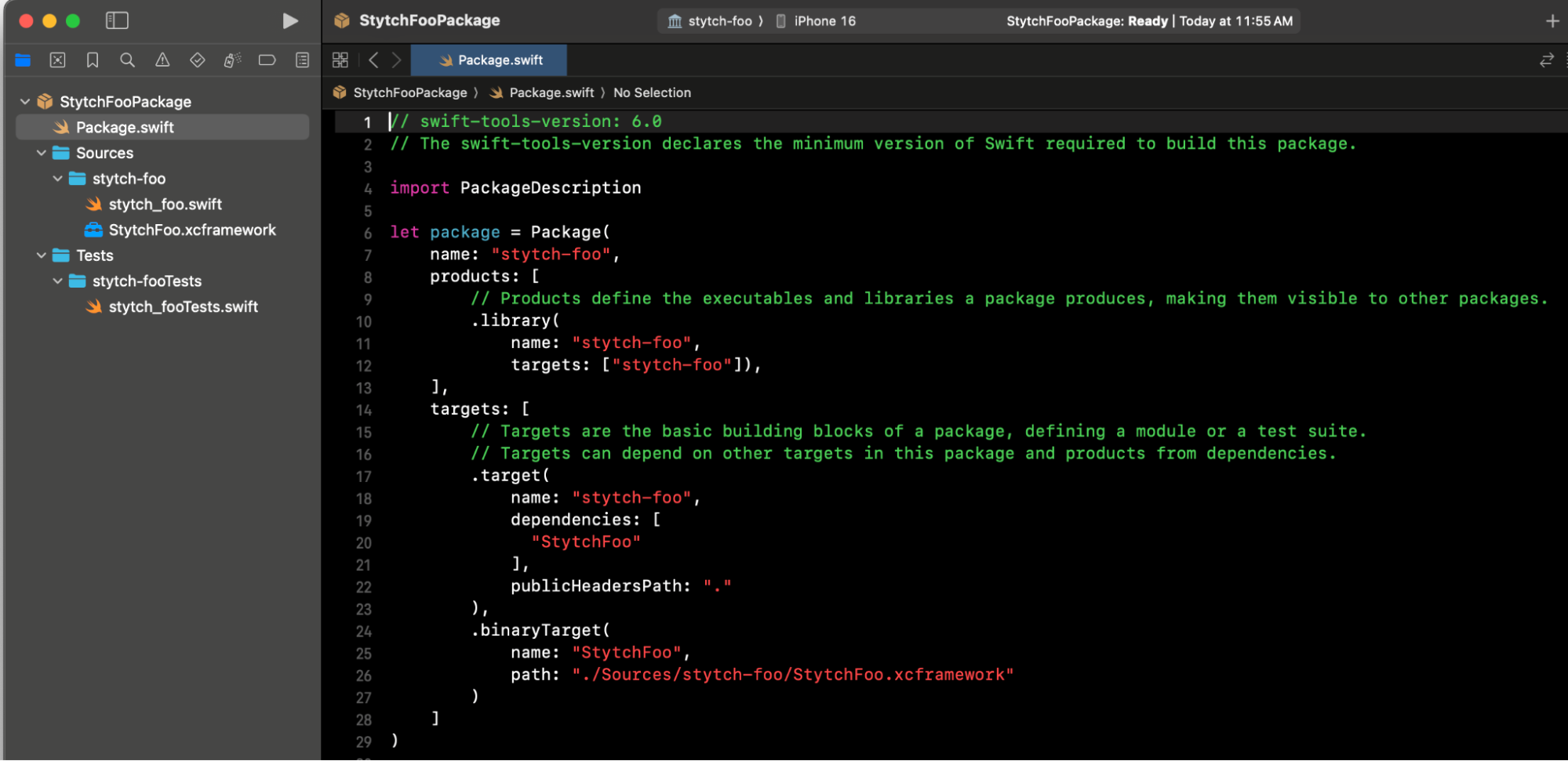 adding a .binaryTarget to the pacakge