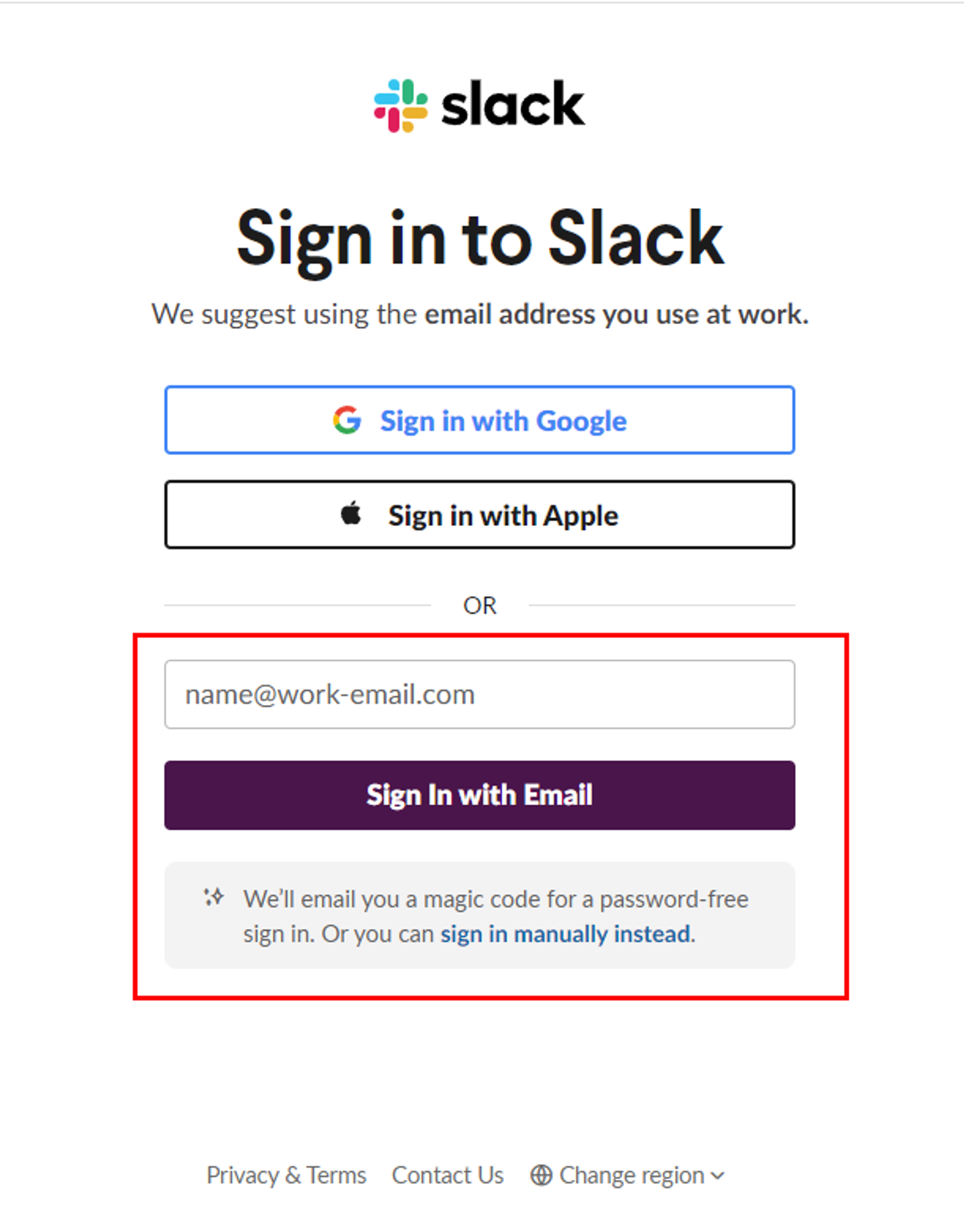 A screenshot of Slack's login page, which offers the option to login through Google or Apple OAuth, or to login with an email magic link