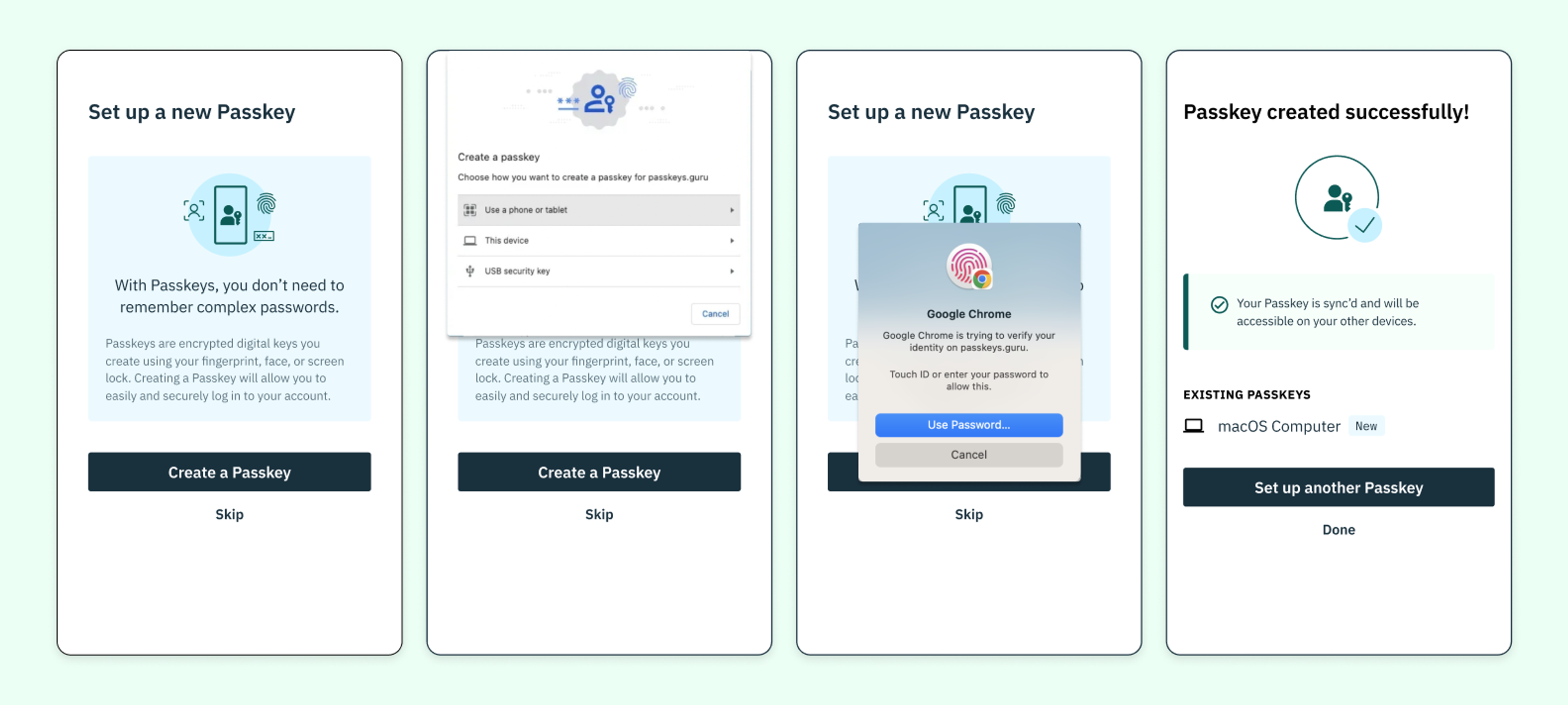 A step-by-step flow diagram for how to set up a new Passkey