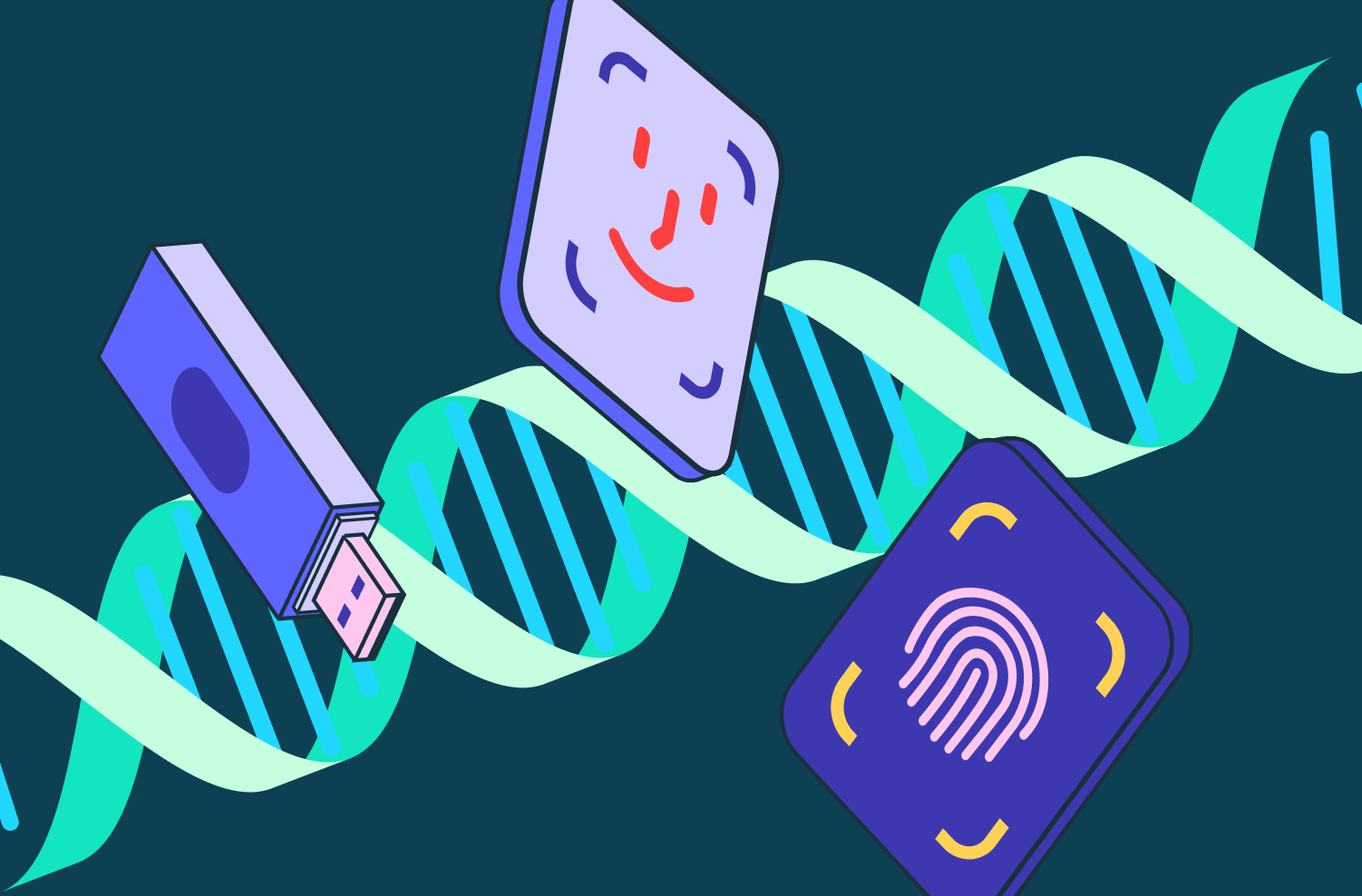 An illustration of different kinds of WebAuthn auth – a FaceID reader, a touch / thumbrpint identifier, and a YubiKey