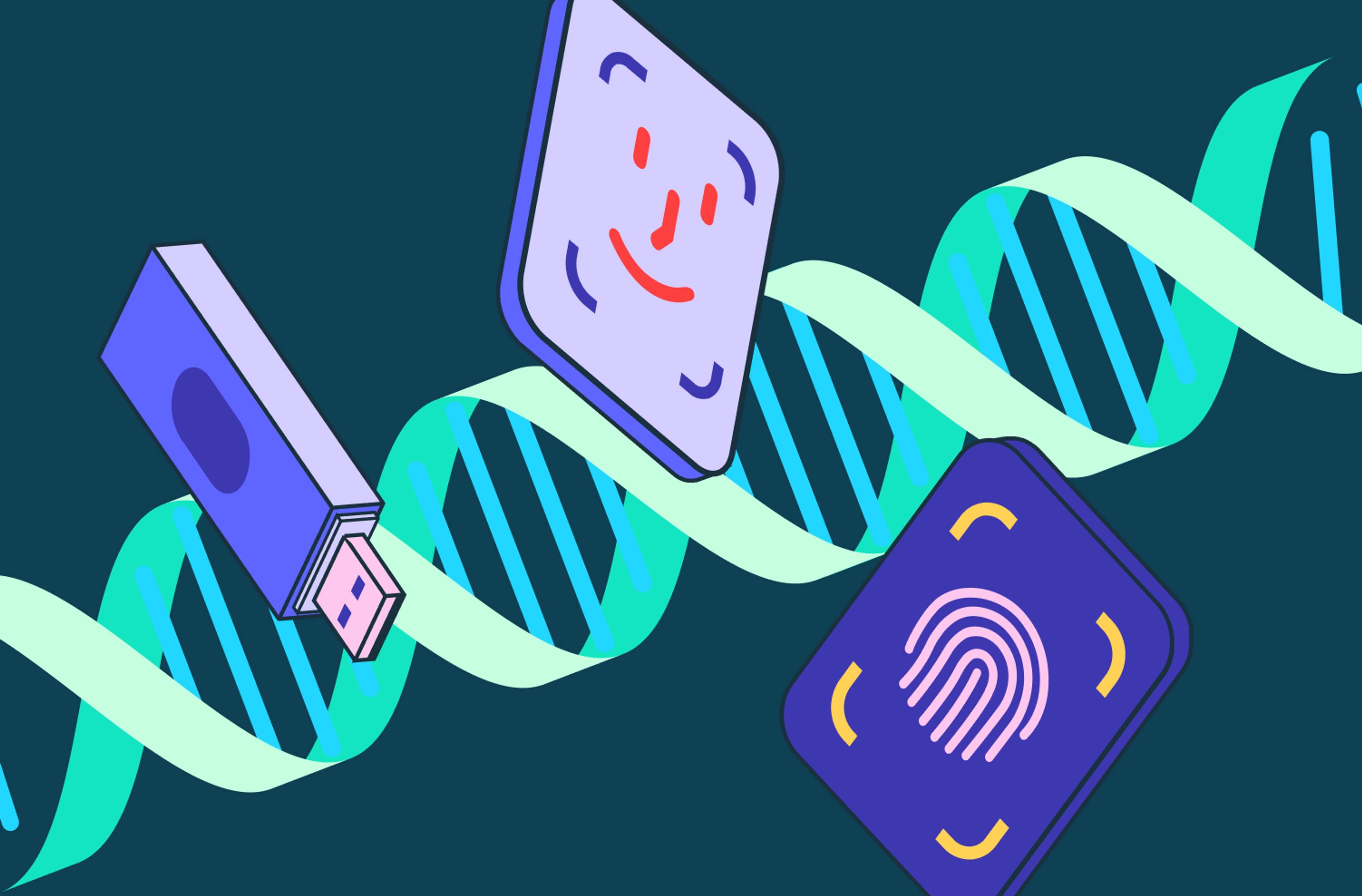 An illustration of different kinds of WebAuthn auth – a FaceID reader, a touch / thumbrpint identifier, and a YubiKey