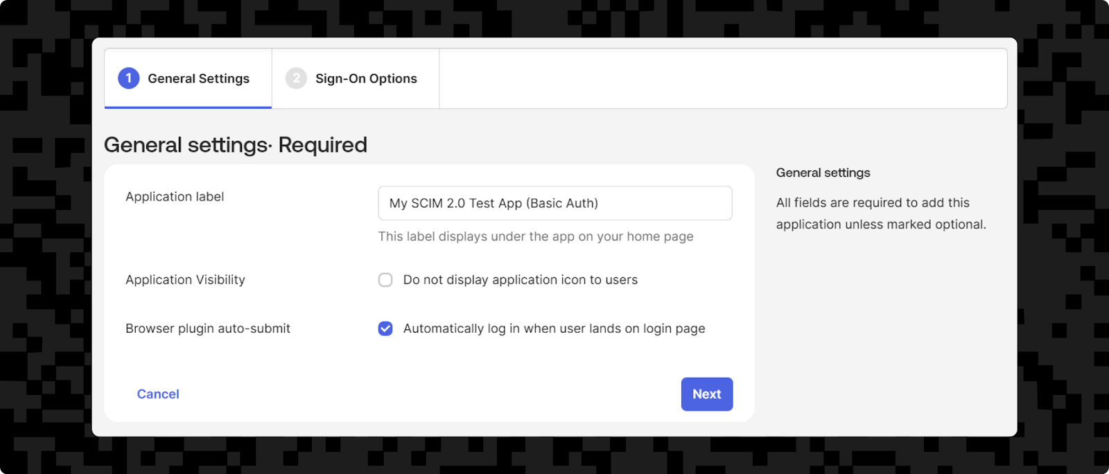 Screenshot of the "General Settings" tab in the Okta Admin Panel — seen when adding a SCIM integration